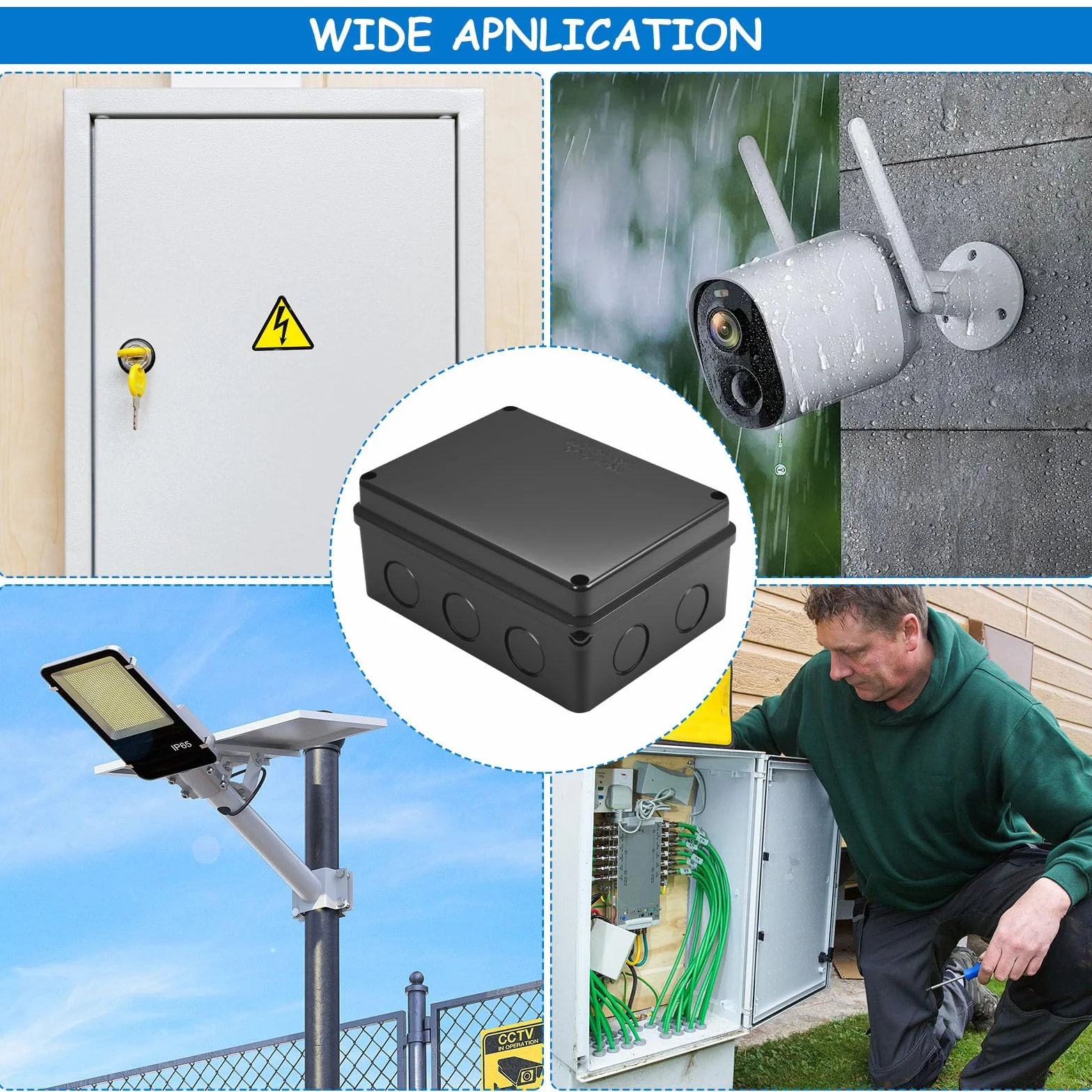 Puszka przyłączeniowa IP65, wodoszczelna, do montażu powierzchniowego, skrzynka instalacyjna z otwornicą 20 mm, (czarna) puszka kablowa ABS - 150 x 110 x 70 mm