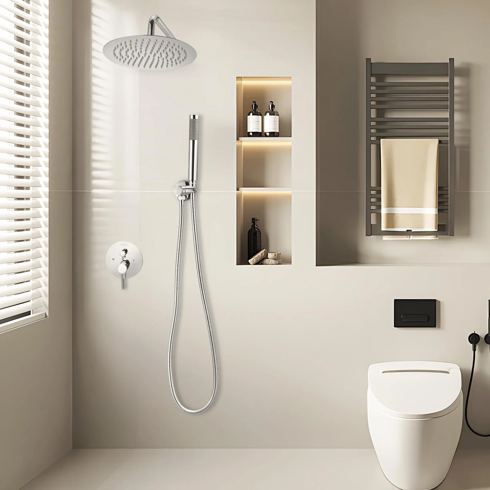 VEVOR Zestaw baterii prysznicowych, system prysznicowy z deszczownicą 10-calową (25,4 cm) okrągłą głowicą prysznicową i ręcznym sprayem, montowane na ścianie armatura łazienkowa z mosiężnym zaworem i