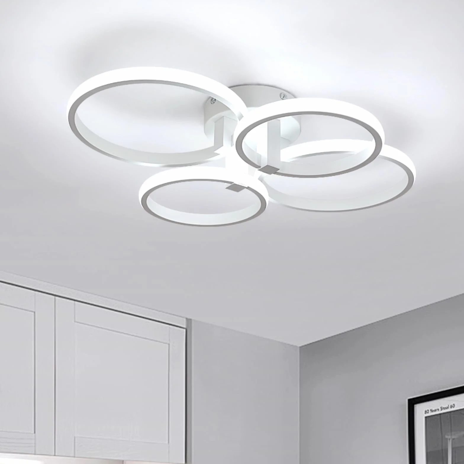Nowoczesna lampa sufitowa LED, 48W 5400LM okrągła lampa sufitowa LED, metalowy biały żyrandol LED do salonu, sypialni, kuchni, jadalni, 6500K zimne białe światło