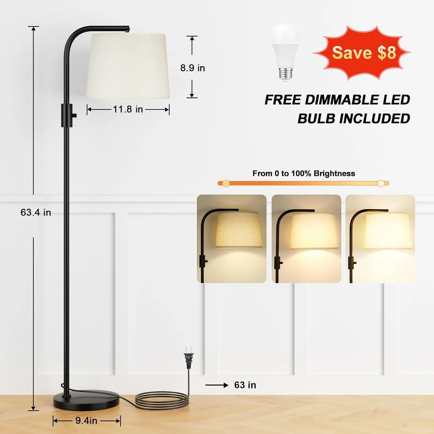 Ambimall Lampa stojąca – lampy podłogowe 9 W w zestawie, lampy stojące do salonu z regulowaną głowicą, nowoczesny przełącznik obrotowy światła stojącego do biura