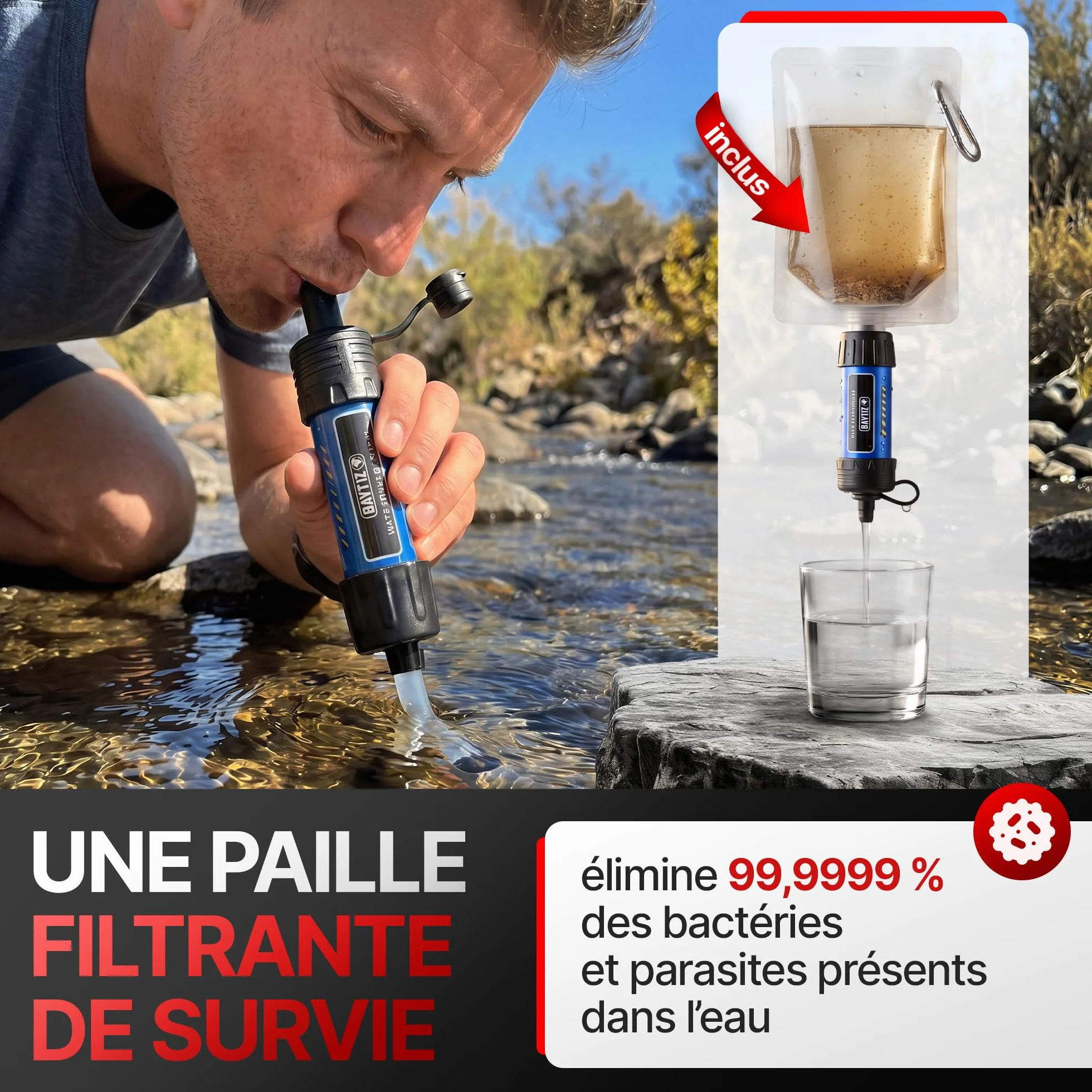 WONCROW ® Zestaw survivalowy + zestaw pierwszej pomocy, słomka z filtrem wody, wyposażenie outdoorowe, akcesoria na kemping, wędrówki, rower, do plecaka, apteczki, gadżety dla mężczyzn i dzieci