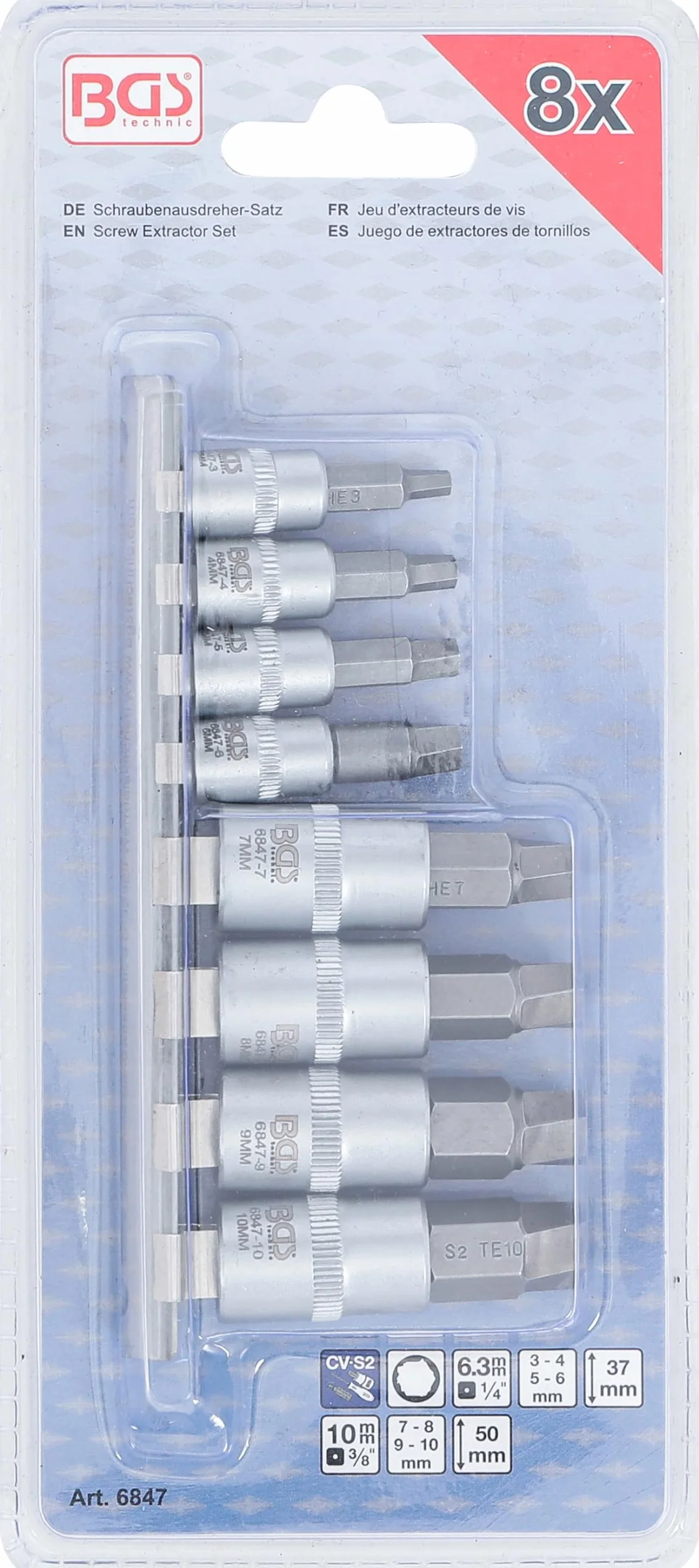 BGS 6847 | Zestaw wykrętaków | napęd 6,3 mm (1/4") / 10 mm (3/8") | do uszkodzonych gniazdo sześciokątneów 3 - 10 mm | 8 szt.