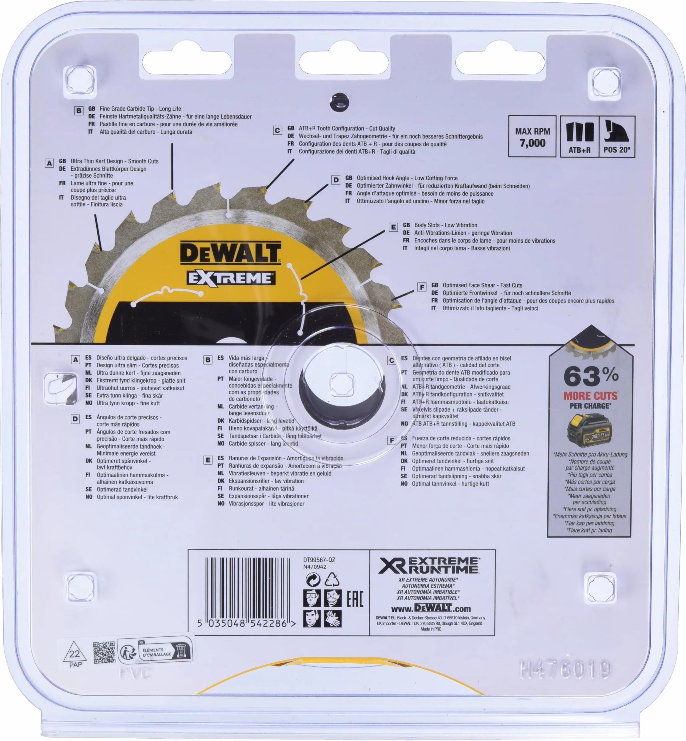 Dewalt XR Extreme Runtime brzeszczot do piły tarczowej DT99567 (210/30 mm, 60 WZ/FZ, 20°, do bardzo drobnych cięć, do stosowania na piłach stacjonarnych (akumulator), do drewna z gwoździami), 1 sztuka