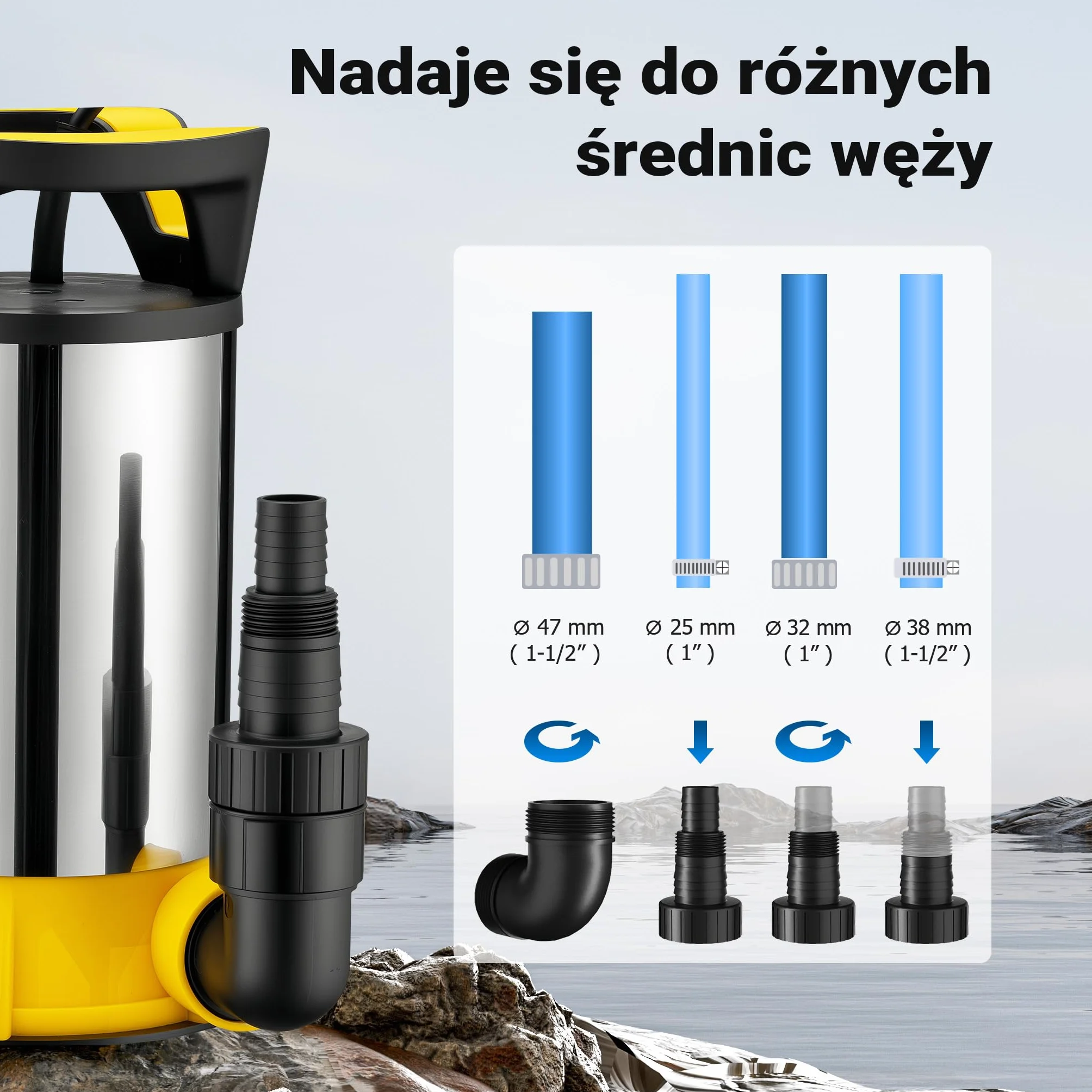 Wiltec Pompa zanurzeniowa 3-w-1 do wody czystej i brudnej, ze stali nierdzewnej i PPO, 1100 W z przepływem 18000 l/h, z dwoma podstawkami na różne wymagania