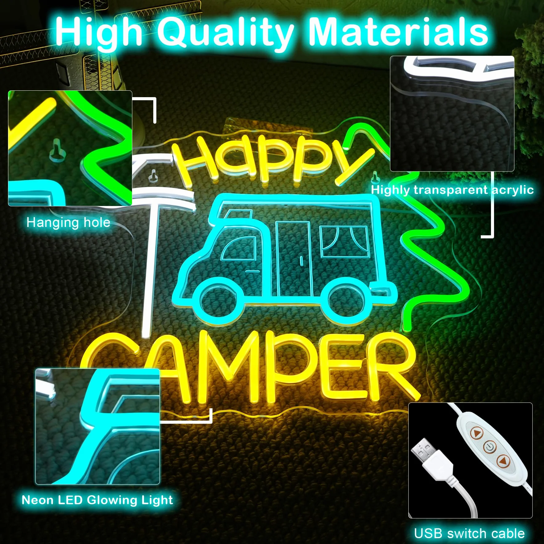 Szyld neonowy Happy Camper LED napis do kamperów reklama świetlna dekoracja kemping ogród