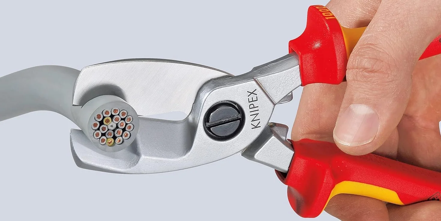KNIPEX Nożyce do kabli z podwójnym ostrzem w opakowaniu z zawieszką chromowany z wielokomponentowymi osłonkami, izolowane wg VDE 200 mm, 95 16 200 SB