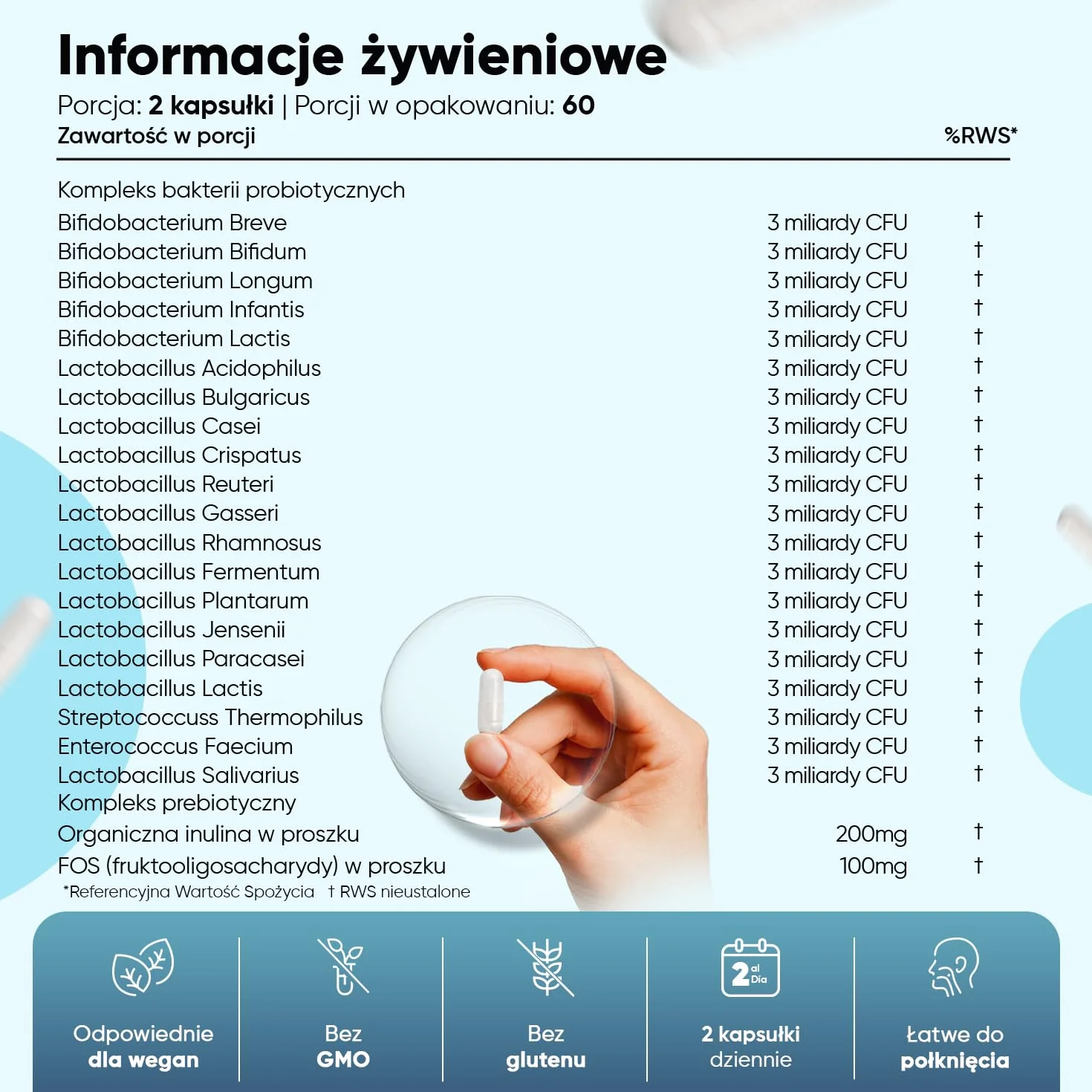 Prebiotyki i probiotyki jelitowe z 20 szczepami bakterii, zapas na 2 miesiące, 120 kapsułek – 60 miliardów CFU, z inuliną i FOS w proszku, odpowiednie dla wegan, bez laktozy i GMO