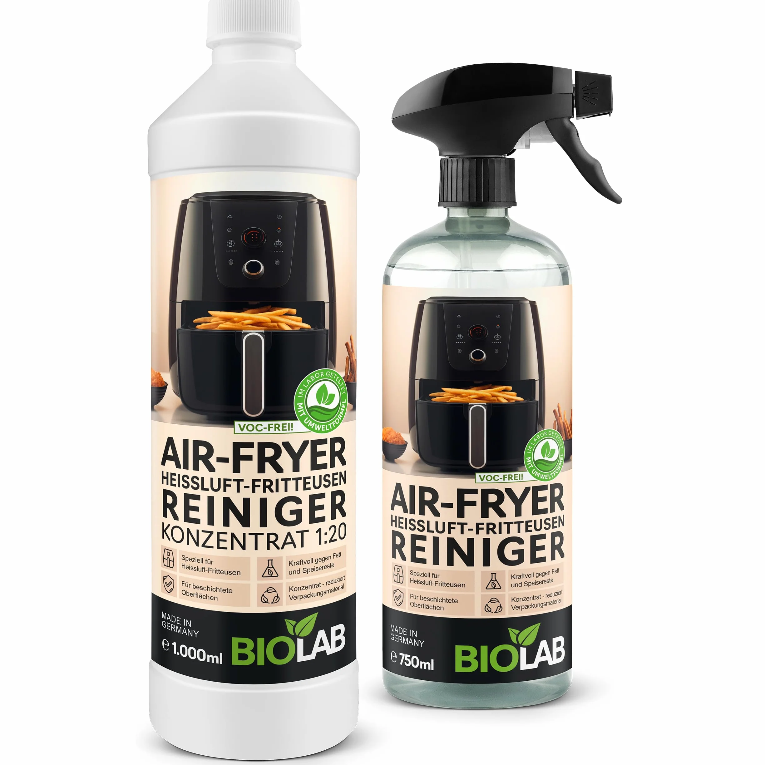 BIOLAB Airfryer środek czyszczący w sprayu (750 ml) i koncentrat do czyszczenia (1000 ml), mocny środek do usuwania tłuszczu do frytkownicy Air Fryer i frytkownicy na gorące powietrze – usuwa