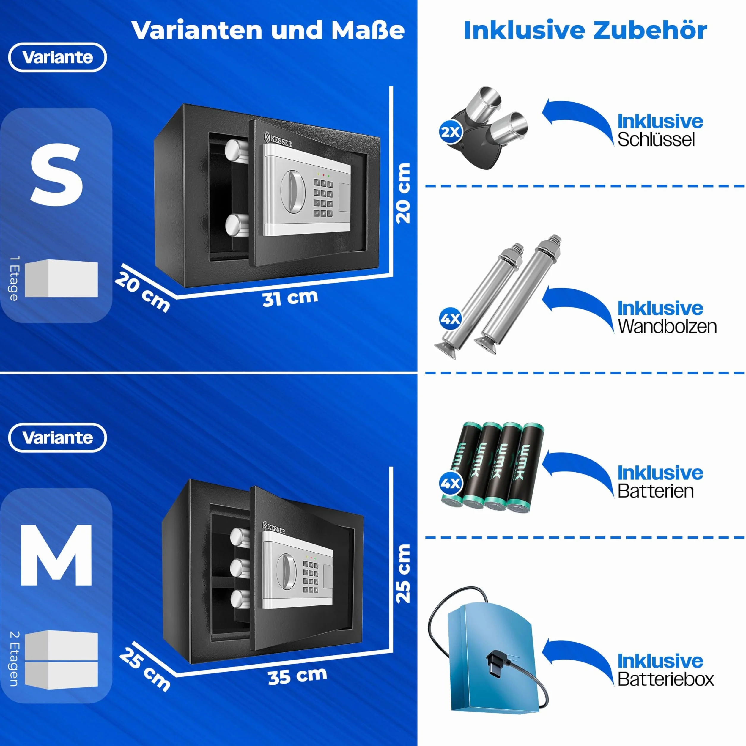 KESSER Elektroniczny sejf cienny | 31 x 20 x 20 cm | 3 x podwjna blokada bolca | owietlenie wewntrzne | szafka pancerna