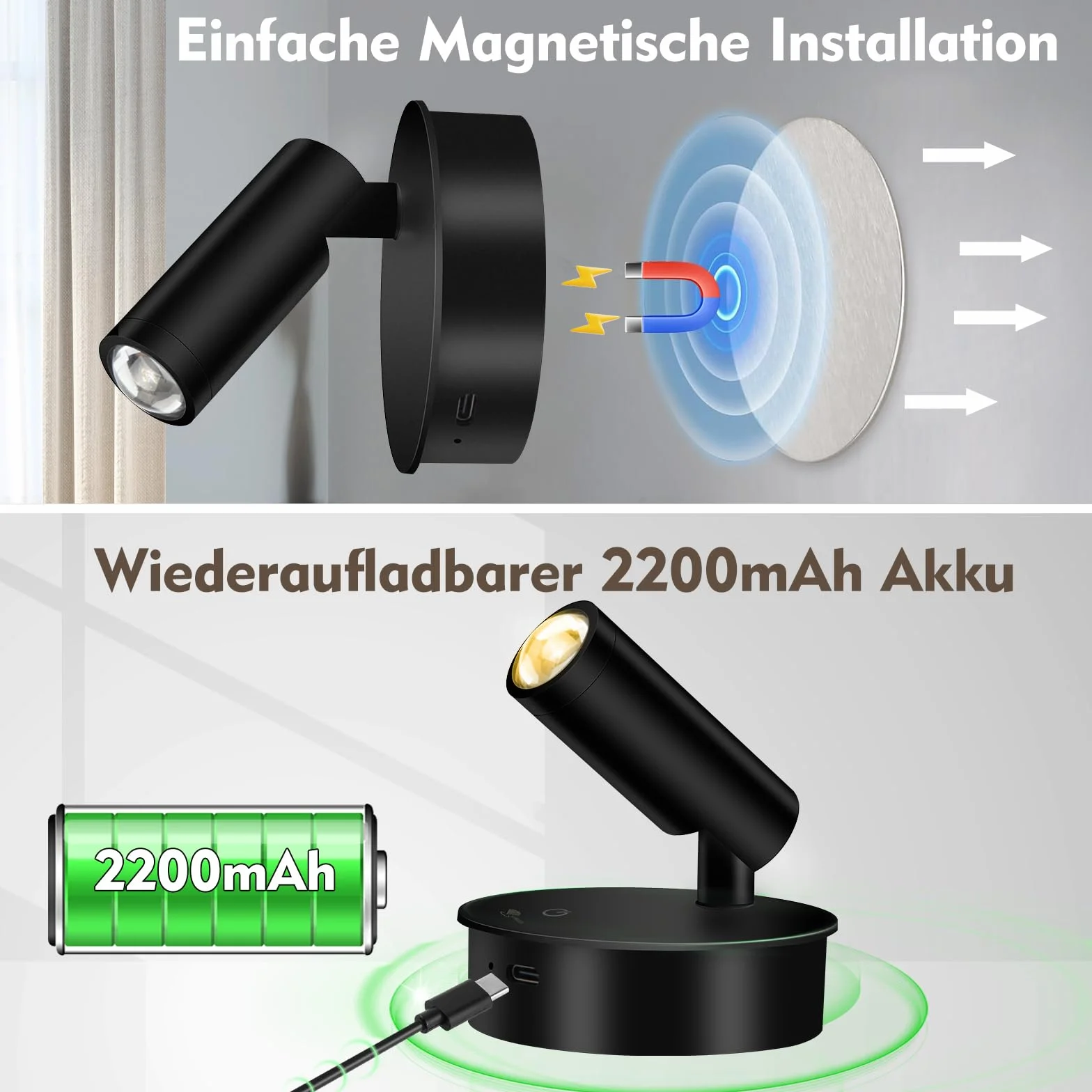 SMY Lighting Lampa ścienna LED do wnętrz, punktowa bezprzewodowa z akumulatorem, 3 temperatury barwowe, funkcja timera, dotykowa i pilot zdalnego sterowania, możliwość ściemniania, reflektor do