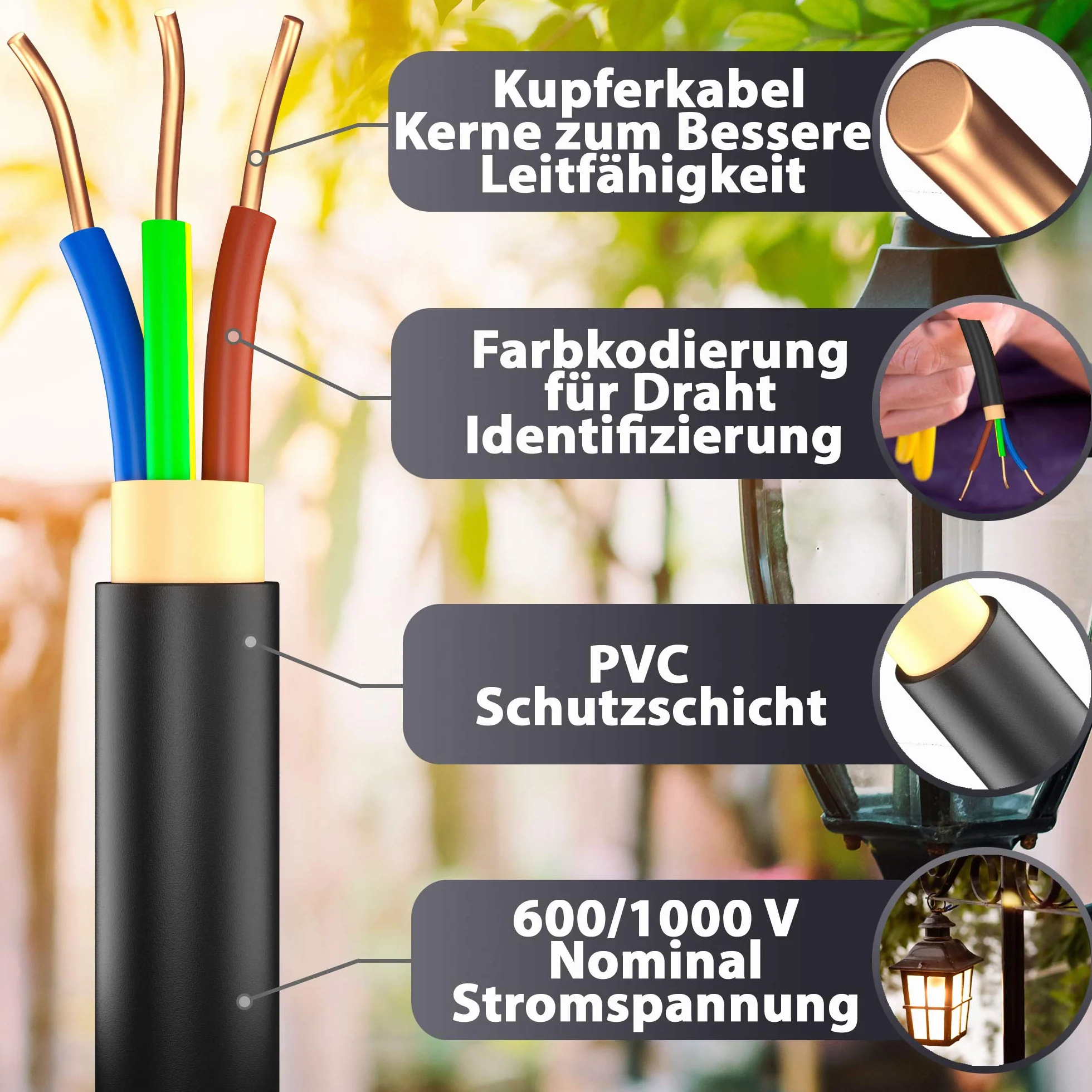 Kabel ziemny, kabel zasilający od 5 m do 170 m NYY-J 3 x 1,5 mm², kabel elektryczny zwój, do układania na wolnym powietrzu, w ziemi (130 m)