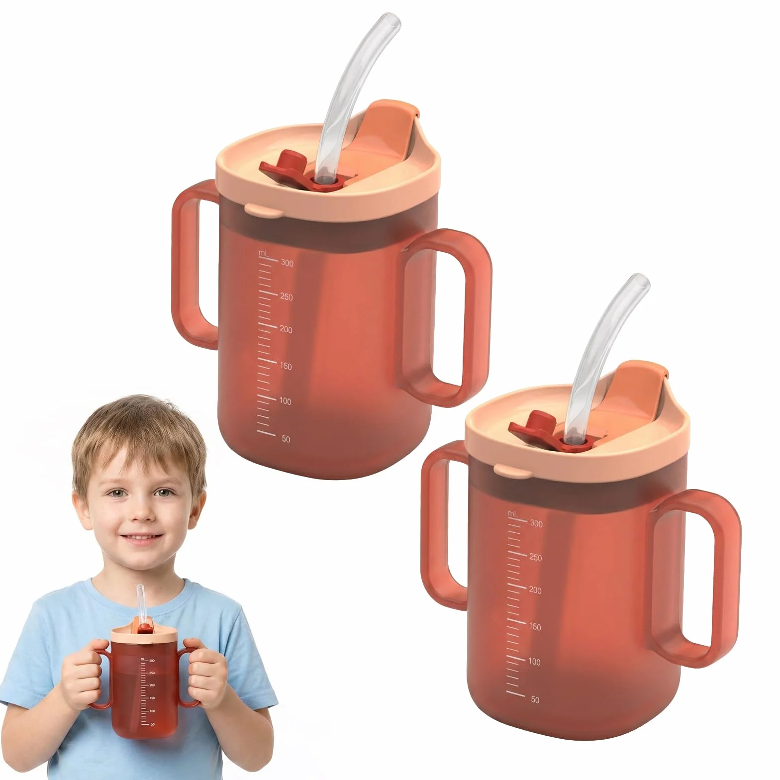 Kubki z ustnikiem dla seniorów 300mL, 2 sztuki, Dwuuchwytowe kubki do picia z pokrywką i słomką, Kubki z ustnikiem dla osób starszych