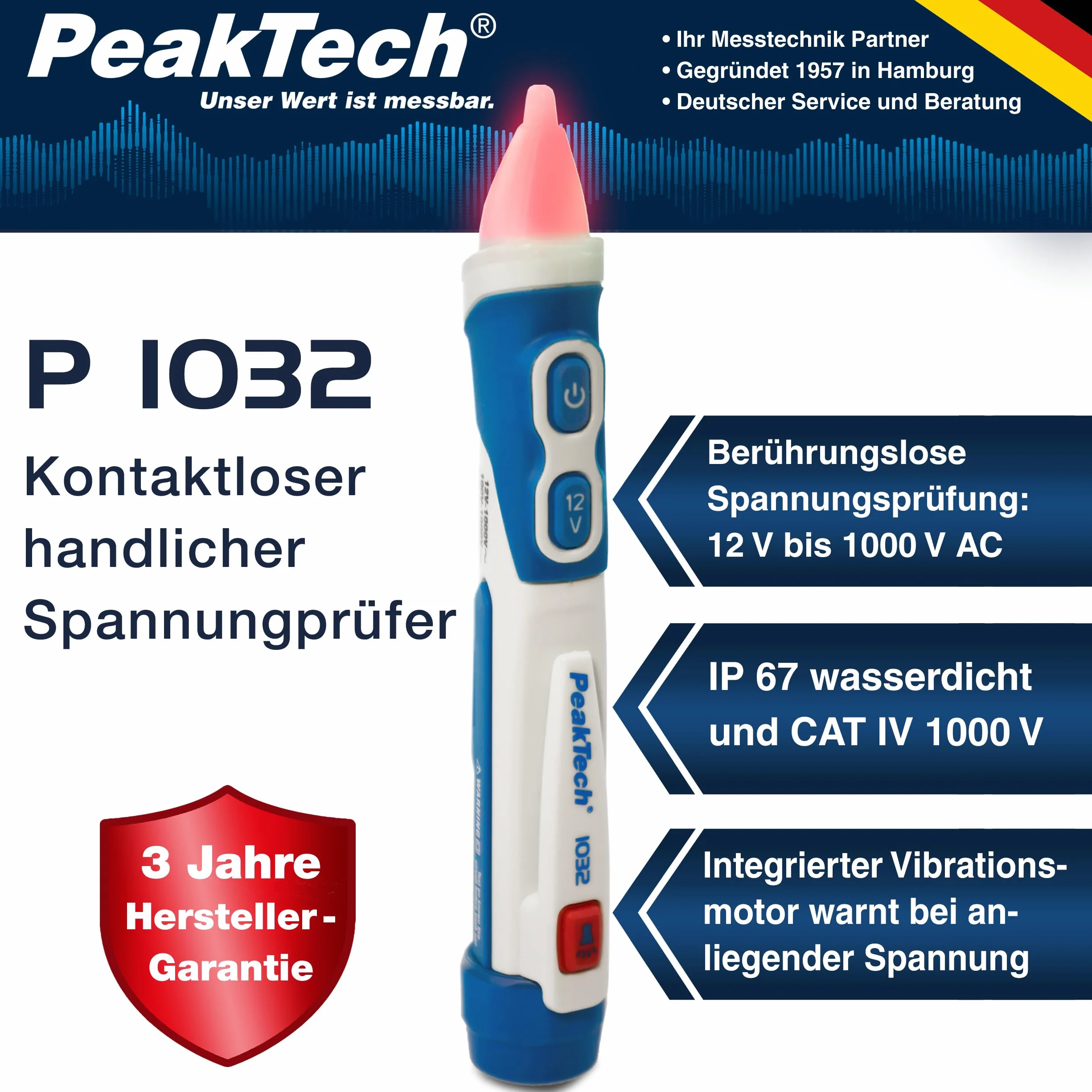 PeakTech 1032 AC bezdotykowy czujnik napięcia [+lampa sygnałowa LED i wibracje] Zakres roboczy 12-1000 V AC, czujnik linii, czujnik liniowy