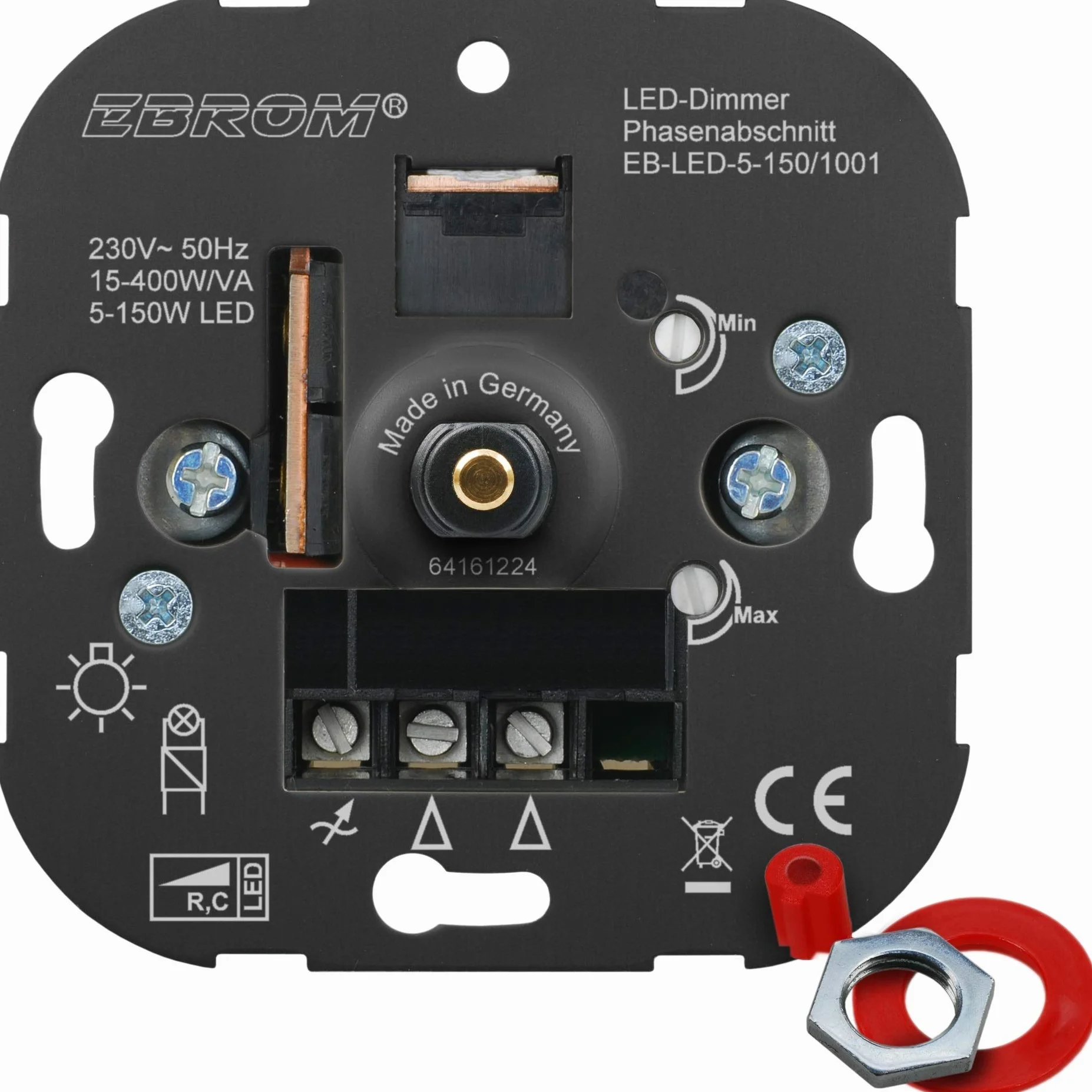 EBROM® kompletny zestaw ściemniacz obrotowy LED 1001 + Jung Frame AS581WW i tarcza ściemniacza A1540WW biel alpejska - podtynkowy ściemniacz LED - sekcja fazy, LED 5-150 W, ściemniane halogeny itp.
