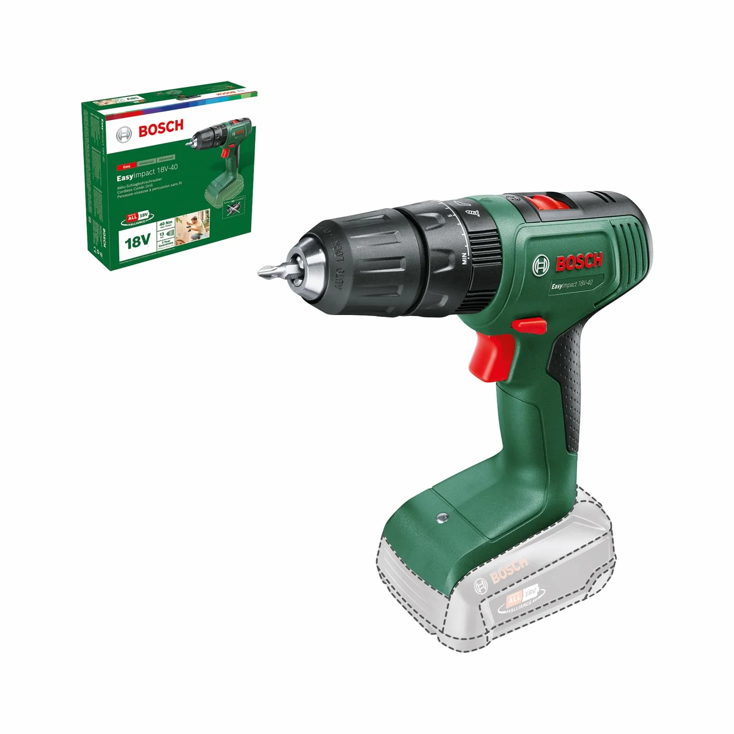 Bosch Home and Garden Akumulatorowa Wiertarka Udarowa Bosch EasyImpact 18V-40, bez Akumulatora, System 18V, Opakowanie Kartooptymalne