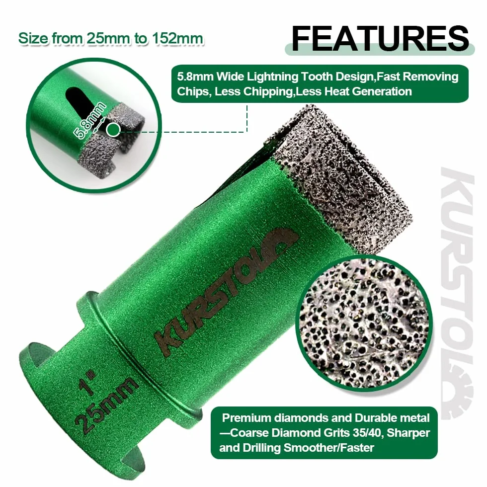Zestaw do otwornic do płytek - 6 szt. diamentowych wierteł rdzeniowych 25/35/50/65/75/102 mm + 1 szt. 3/4" uniwersalny diamentowy frez do wiercenia 5/8-11" gwint do porcelanowych płytek ceramicznych, granitu, marmuru, szlifierka kątowa