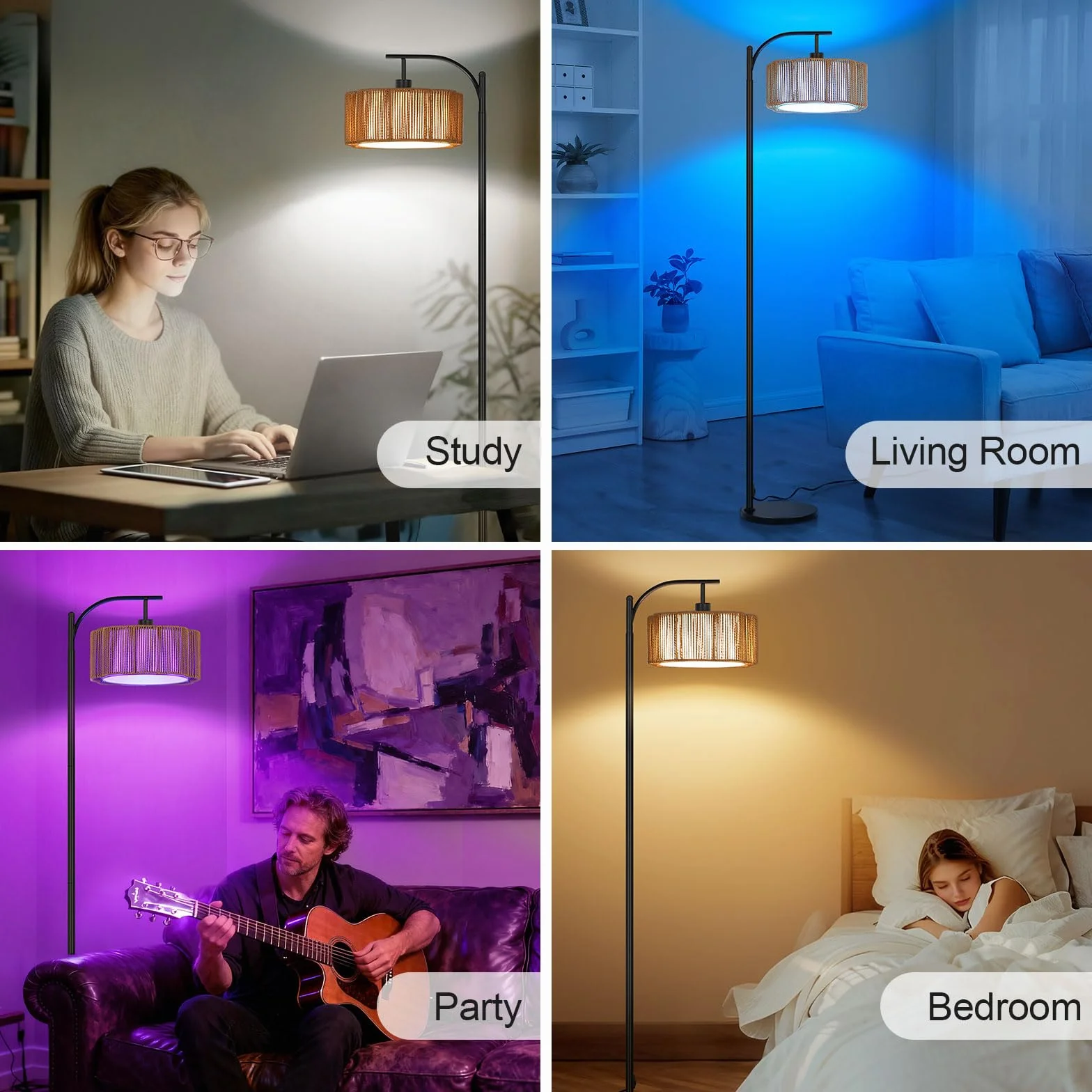 Lampa stojąca do salonu, rattanowa, RGB, ściemniana, lampa stojąca z pilotem zdalnego sterowania i sterowaniem za pomocą aplikacji, funkcja timera, DIY i tryb muzyki, E27 lampy stojące do