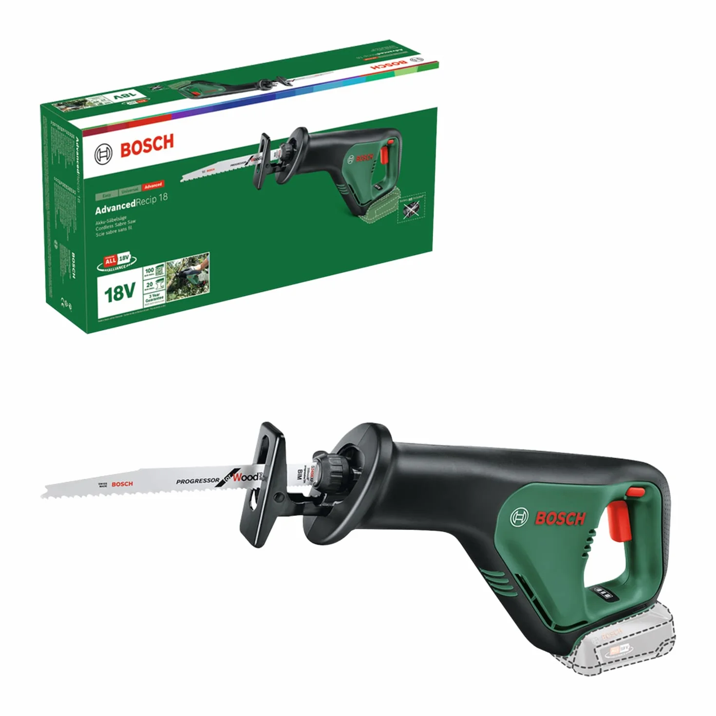 Bosch Home and Garden Akumulatorowa piła szablasta AdvancedRecip 18 (bez akumulatora, system 18V, opakowanie kartonowe)