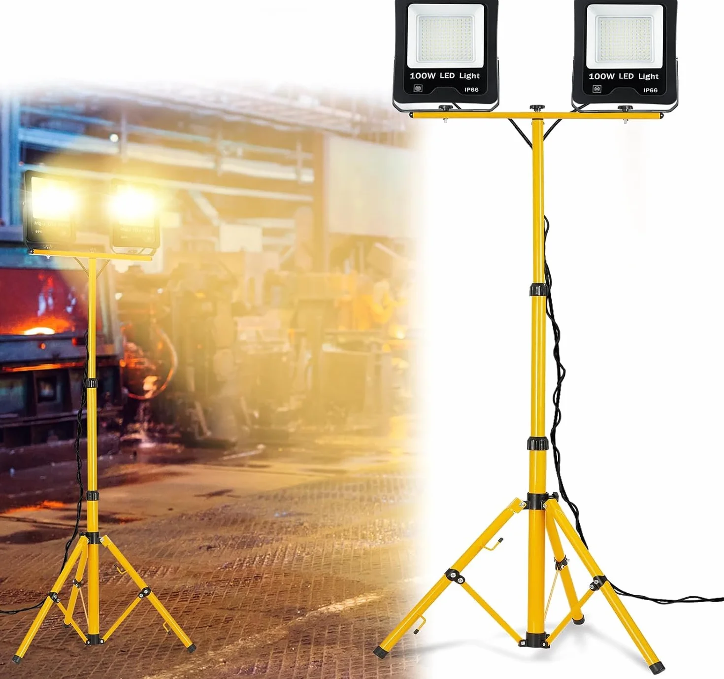 FIVMEN Reflektor budowlany 2 x 100 W, 8500 lm, lampa robocza z regulowanym statywem i wtyczką kabla 3 m, lampa budowlana, reflektor roboczy, wodoszczelny IP66, do garażu, warsztatu, na plac budowy,