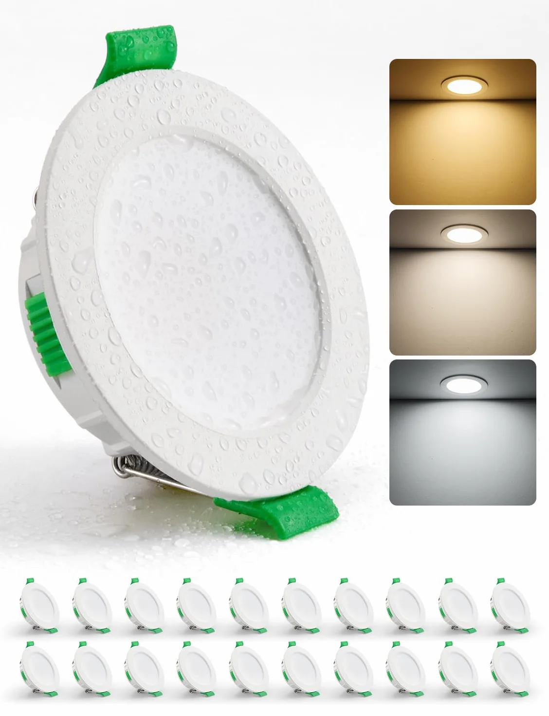 HOMEOW Zestaw 20 wpuszczanych reflektorów LED 68 mm, 4 W, bardzo płaskie, ciepłe białe 2700 K, neutralna biel, 4000 K, zimna biel 6000 K, regulowany, wewnętrzny reflektor LED wodoodporny IP44, do