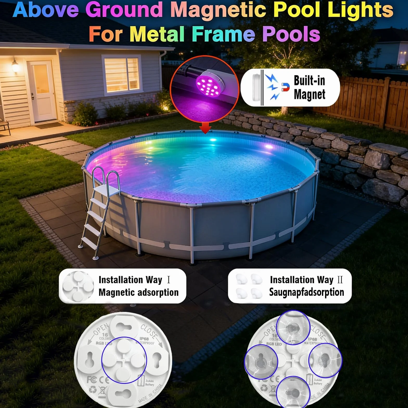 Joycome Oświetlenie basenu, 4 sztuki, 13 diod RGB LED, do basenu, akcesoria z pilotem zdalnego sterowania, magnes, lampy basenowe, wodoszczelność IP68, oświetlenie do stawu, spa, wanny, prysznica