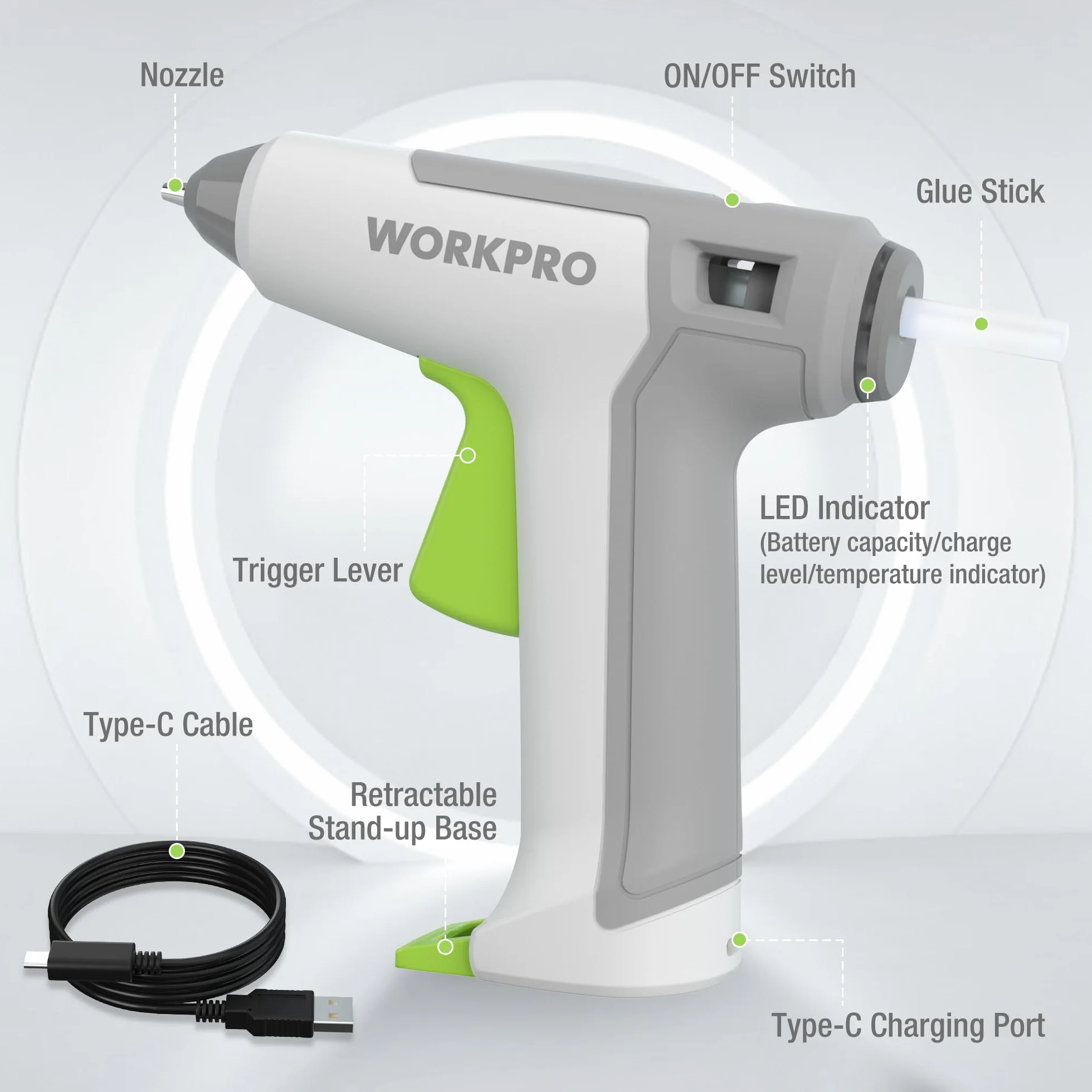 WORKPRO Bezprzewodowy pistolet do klejenia 3,6 V z 20 patyczkami do kleju (7 x 100 mm), szybkie nagrzewanie pistolet do klejenia na gorąco z baterią litowo-jonową 2500 mAh, rękodzieło ze wskaźnikiem