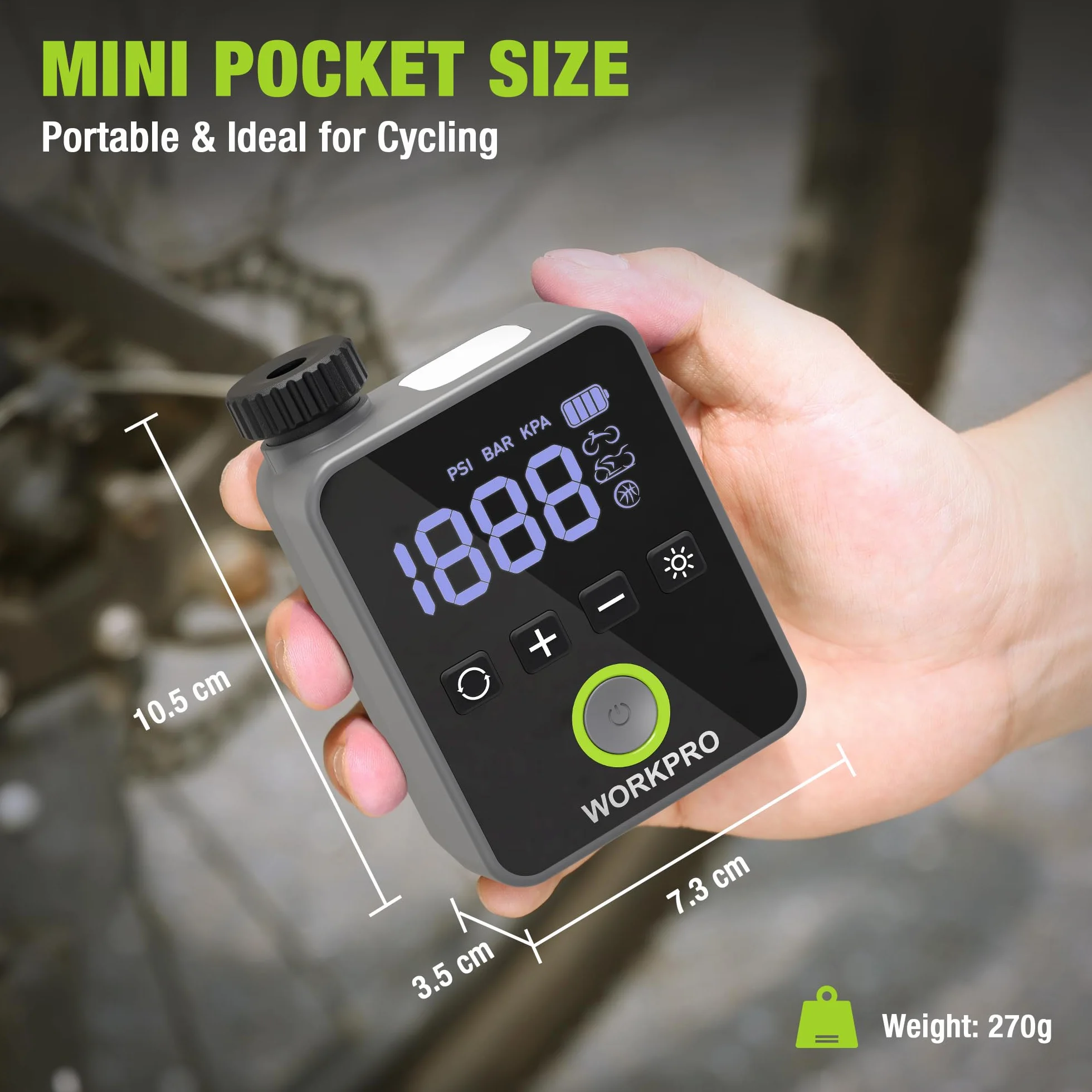 WORKPRO Mini pompka rowerowa, bezprzewodowa, elektryczna pompka powietrza 140 psi, przenośna sprężarka akumulatorowa z wyświetlaczem LED i światłem, do roweru, motocykla i piłki