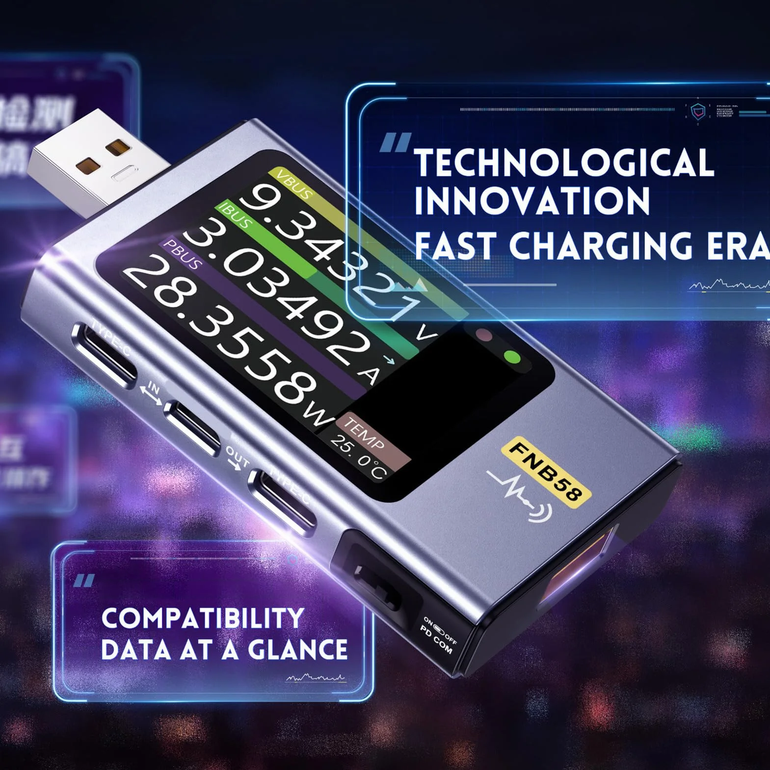 Multimetr Mocy USB 2-calowy Wyświetlacz FNB58 Bluetooth Miernik Napięcia i Prądu USB 4-28 V 7A Typ C Wielofunkcyjny Tester Szybkiego ładowania dla PD2.0 PD3.0 QC2.0 QC3.0