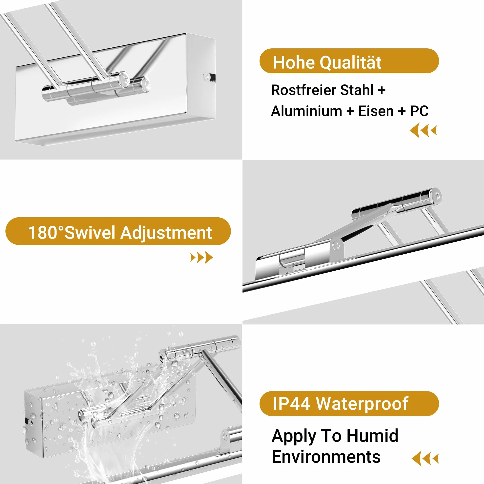 Klighten Lampa LED do lustra łazienkowego 50 cm, obrotowe lustro lustro do łazienki IP44, lustro łazienkowe 16 W 1200 lm, LED lustro łazienkowe lustro łazienkowe, zimna biel 5500K, chrom 50 cm