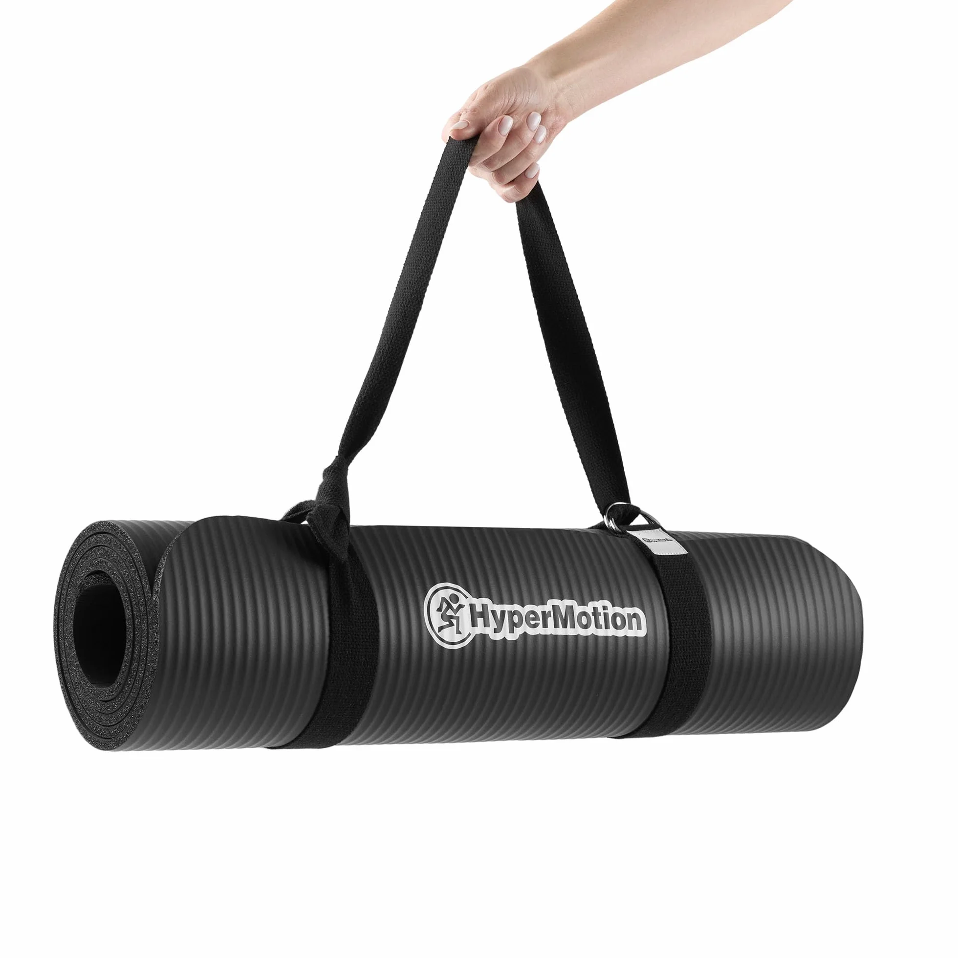 HyperMotion Mata do Ćwiczeń Fitness i Jogi NBR 183x61x0,8 cm Czarna, Antypoślizgowa, 8 mm, z Paskiem do Ćwiczeń i Przenoszenia, do Jogi, Pilatesu i Stretchingu
