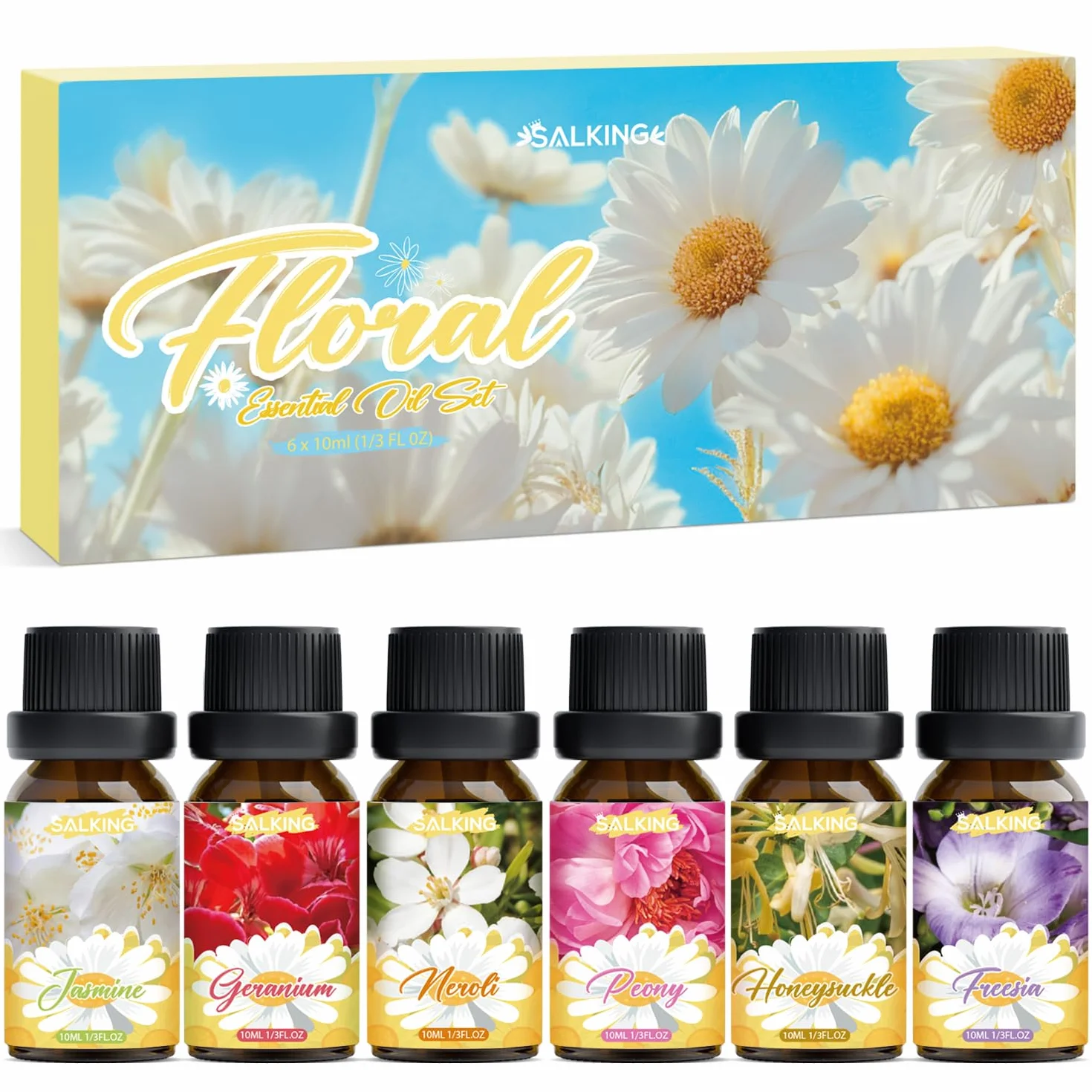 SALKING Zestaw olejków eterycznych 100% czysty 6 x 10 ml jaśmin neroli wiciokrzew piwonia geranium frezja