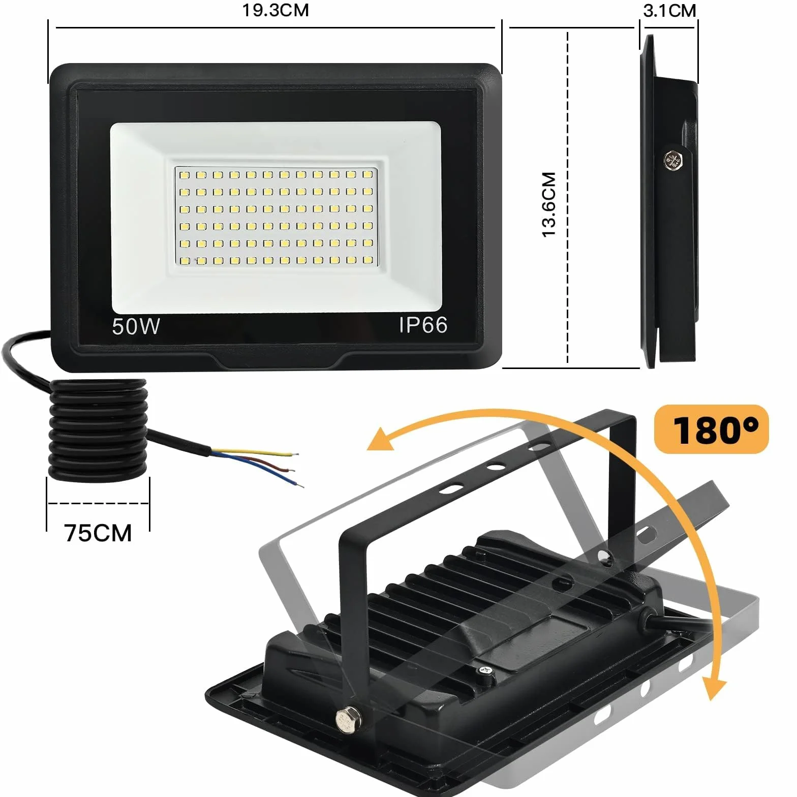 Reflektor LED zewnętrzny 50 W-IP66, wodoszczelny, 6000 K, 5000 lm, super jasny reflektor LED na podwórko, garaż, korytarz, do ogrodu