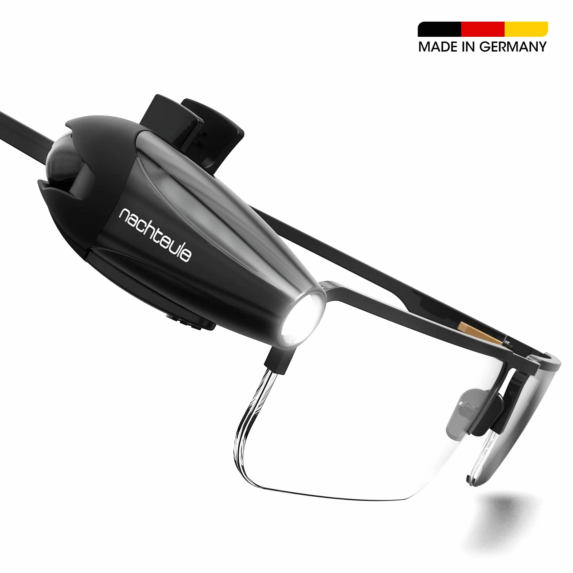 Nachteule Lampka do czytania na okulary, słuchawki lub opaskę na głowę (w zestawie). Lampka LED do książek, nagradzana konstrukcja Clip-on Made in Germany. W zestawie bezpłatne etui ochronne
