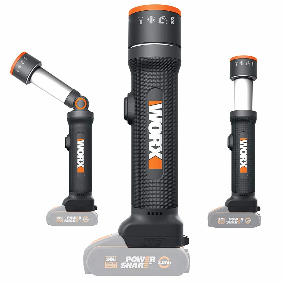 WORX WX027.9 Lampa LED 4 w 1, Akumulatorowa Lampa Wielofunkcyjna, 20V, 120-510 Lumenów na Kemping, w Podróży i Nie Tylko, bez Akumulatora i Ładowarki, Klasa Energetyczna A