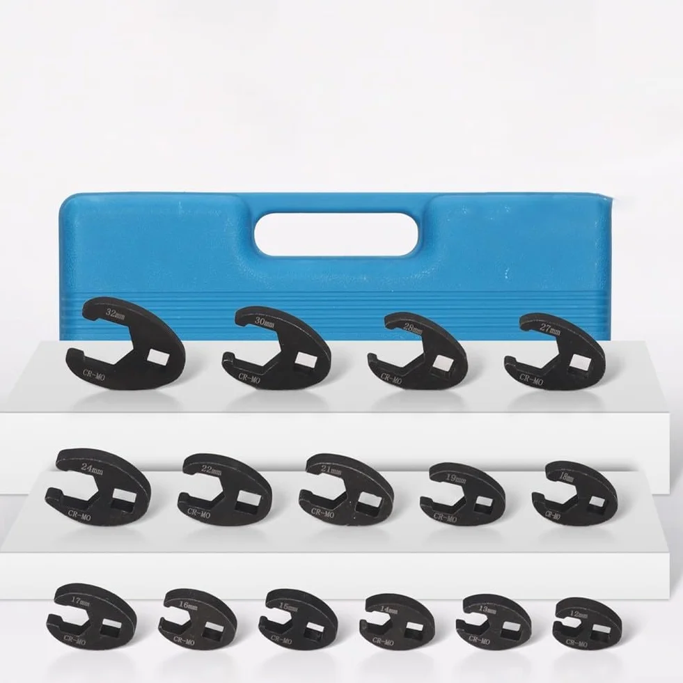 Zestaw 15 kluczy płasko-oczkowych 3/8” 1/2”, zestaw metrycznych 8-32 mm, do nakrętek kielichowych ograniczonej przestrzeni