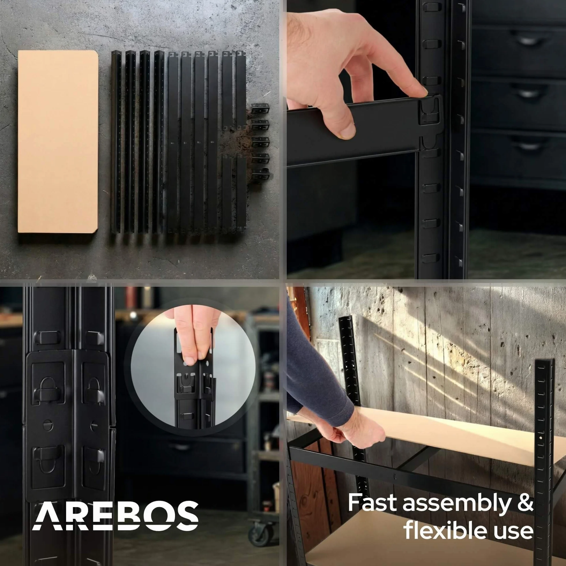 Arebos Regał do dużych obciążeń | 180 x 90 x 40 cm | nośność 875 kg | 0,63 mm | 5 płyt MDF | regał do przechowywania | regał piwny, bezśrubowy | regał warsztatowy | Czarne