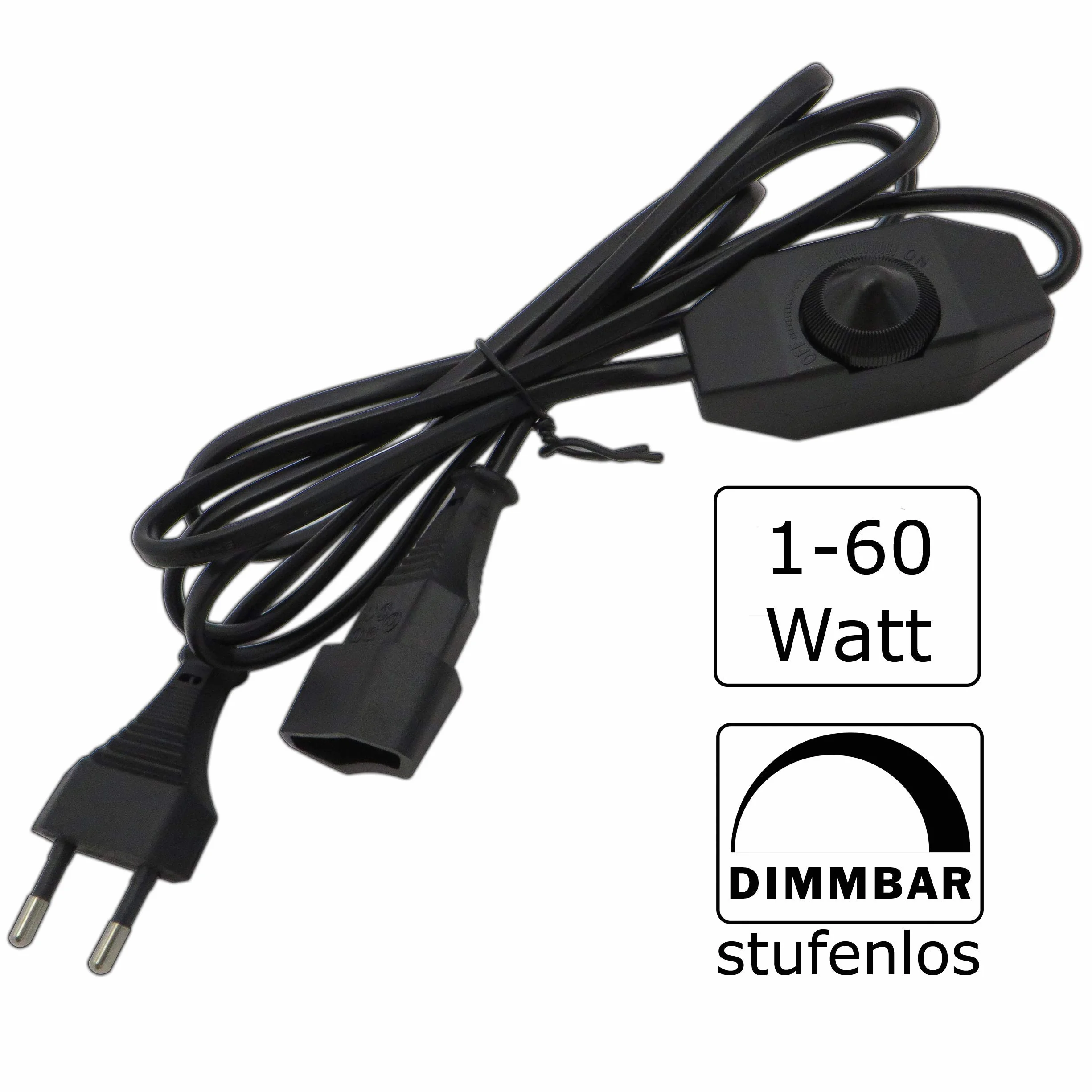 Ściemniacz LED 1-60 W z kablem o długości 2 m (wtyczka + gniazdo), bezstopniowe ściemnianie/ściemnianie (żyłowy ściemniacz obrotowy) do żarówek LED – przełącznik ściemniacza pośredniego (czarny)