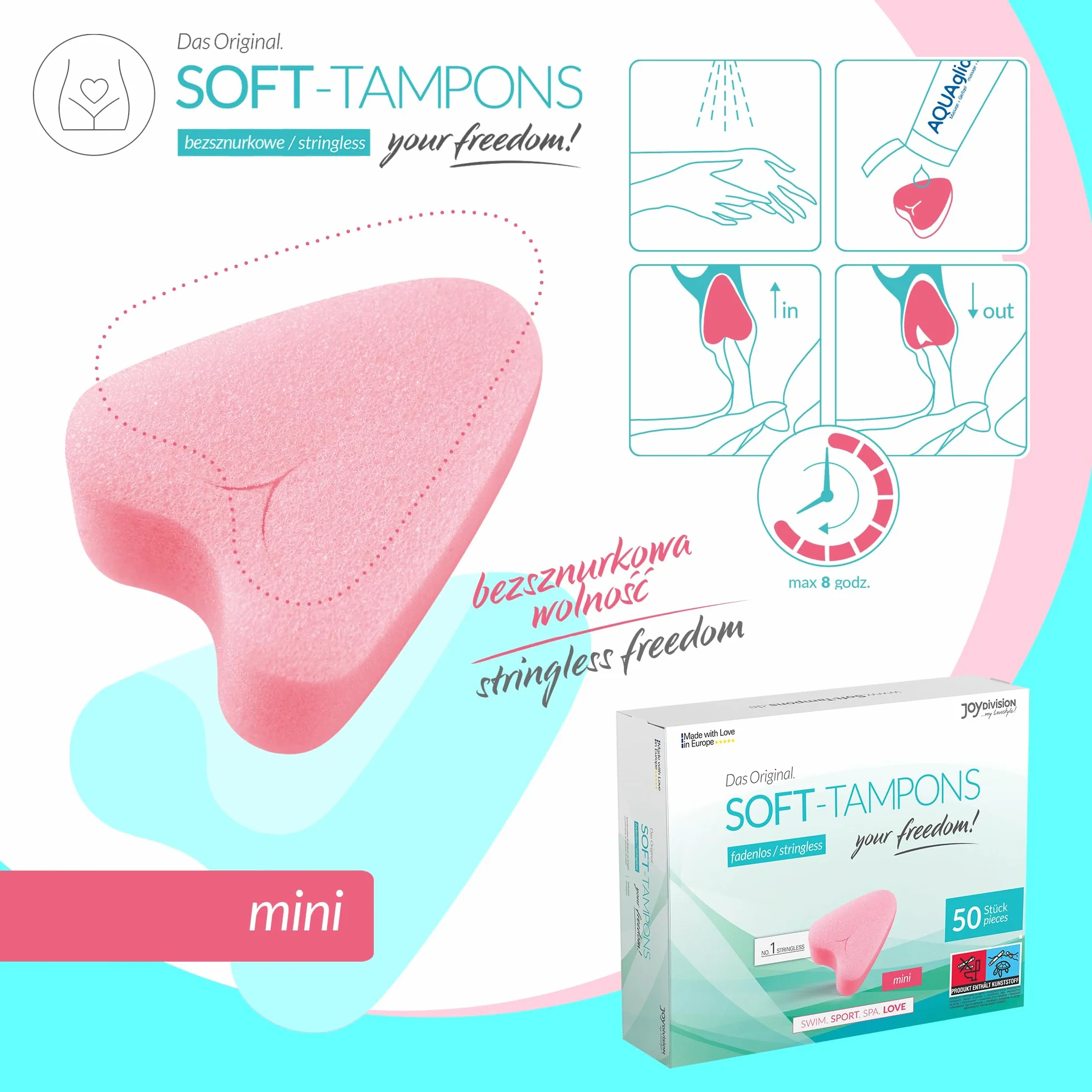 JOYDIVISION Soft-Tampons mini 50 sztuk Tampony bez sznurka Gąbeczka menstruacyjna ultra soft