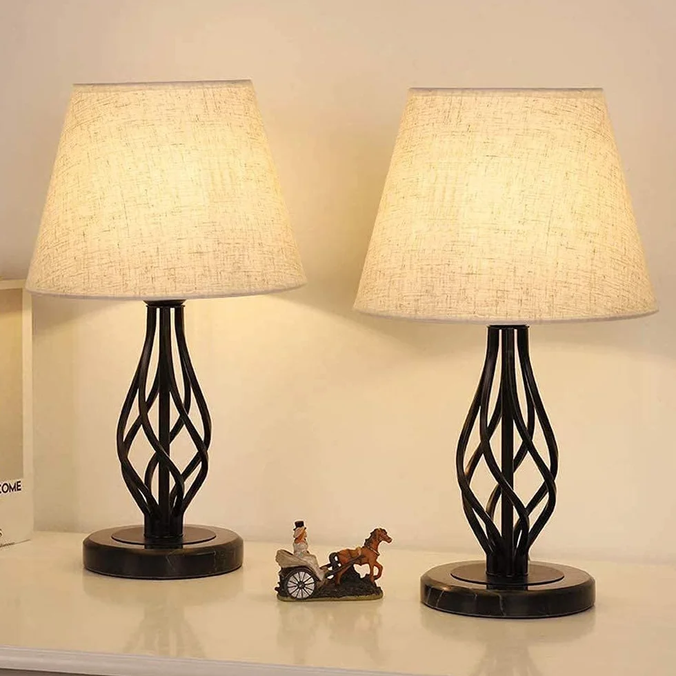 LIANTRAL Lampki nocne, zestaw 2 szt., nowoczesna lampa stołowa z marmurowym cokołem i lnianym kloszem, mała lampa do sypialni, salonu, akademika, dekoracja