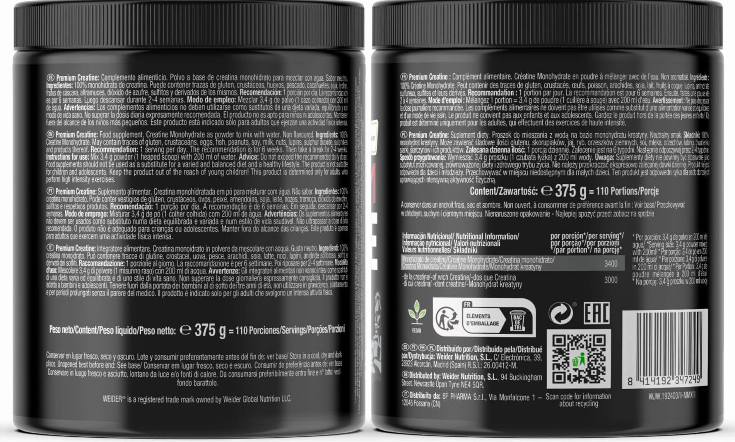 Weider Premium Creatine 375 g Monohydrat Kreatyny Creapure