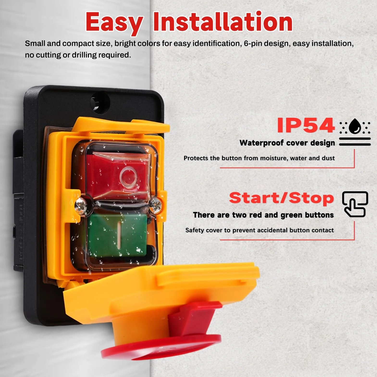 Przełącznik maszynowy KJD22-6 PIN 250 V, 12 A, przełącznik przyciskowy, przełącznik elektromagnetyczny, klasa wodoszczelności IP54, przełącznik do zabudowy, wyłącznik zerowego napięcia