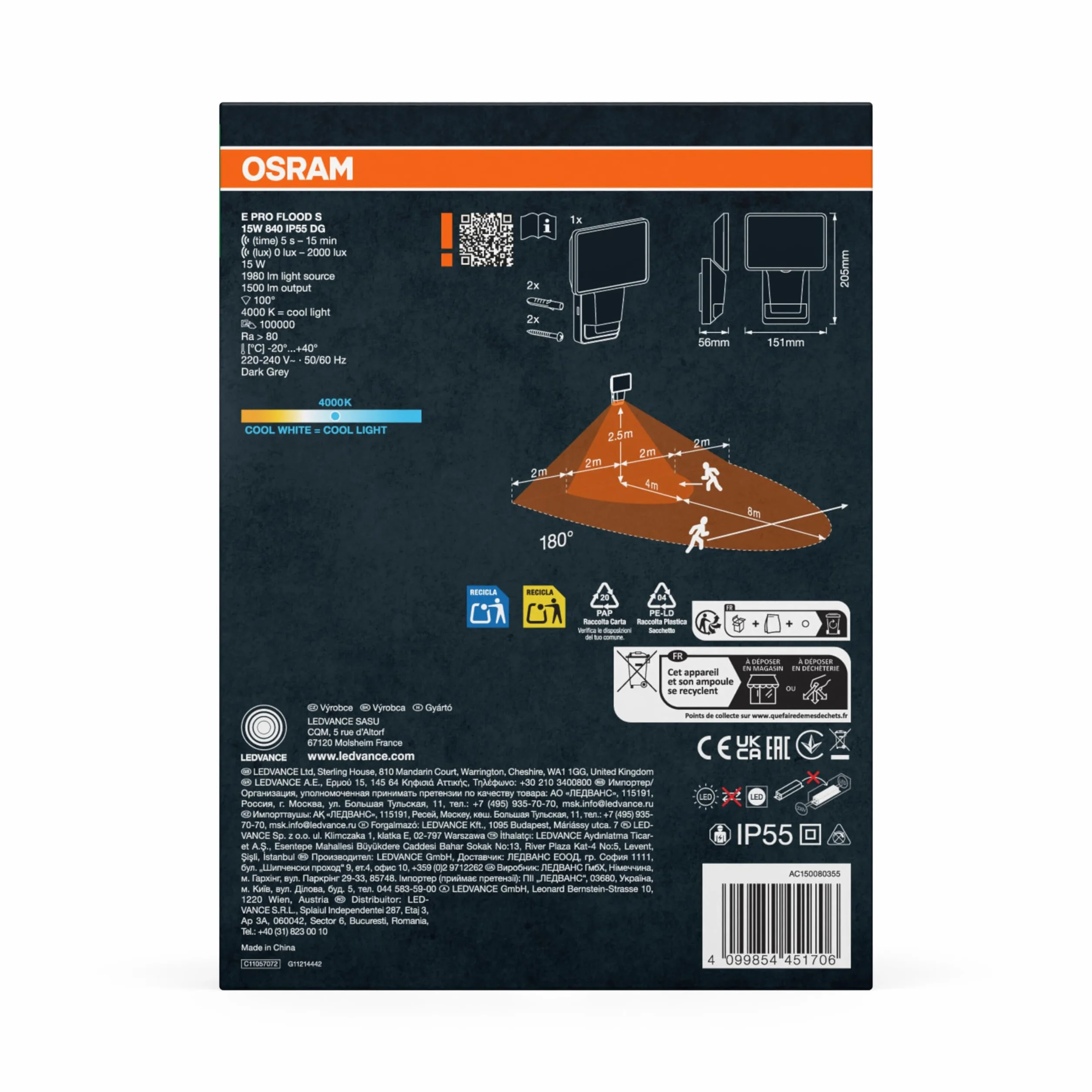 OSRAM ENDURA PRO Bardzo wydajny zewnętrzny reflektor ścienny z czujnikiem ruchu i szerokim kątem świecenia w innowacyjnej konstrukcji optycznej, 15 W, ciemnoszary, stopień ochrony IP55, do parkingów i | ENDURA PRO Czujnik Flood, Outdoor Lanterns, ciemnosz