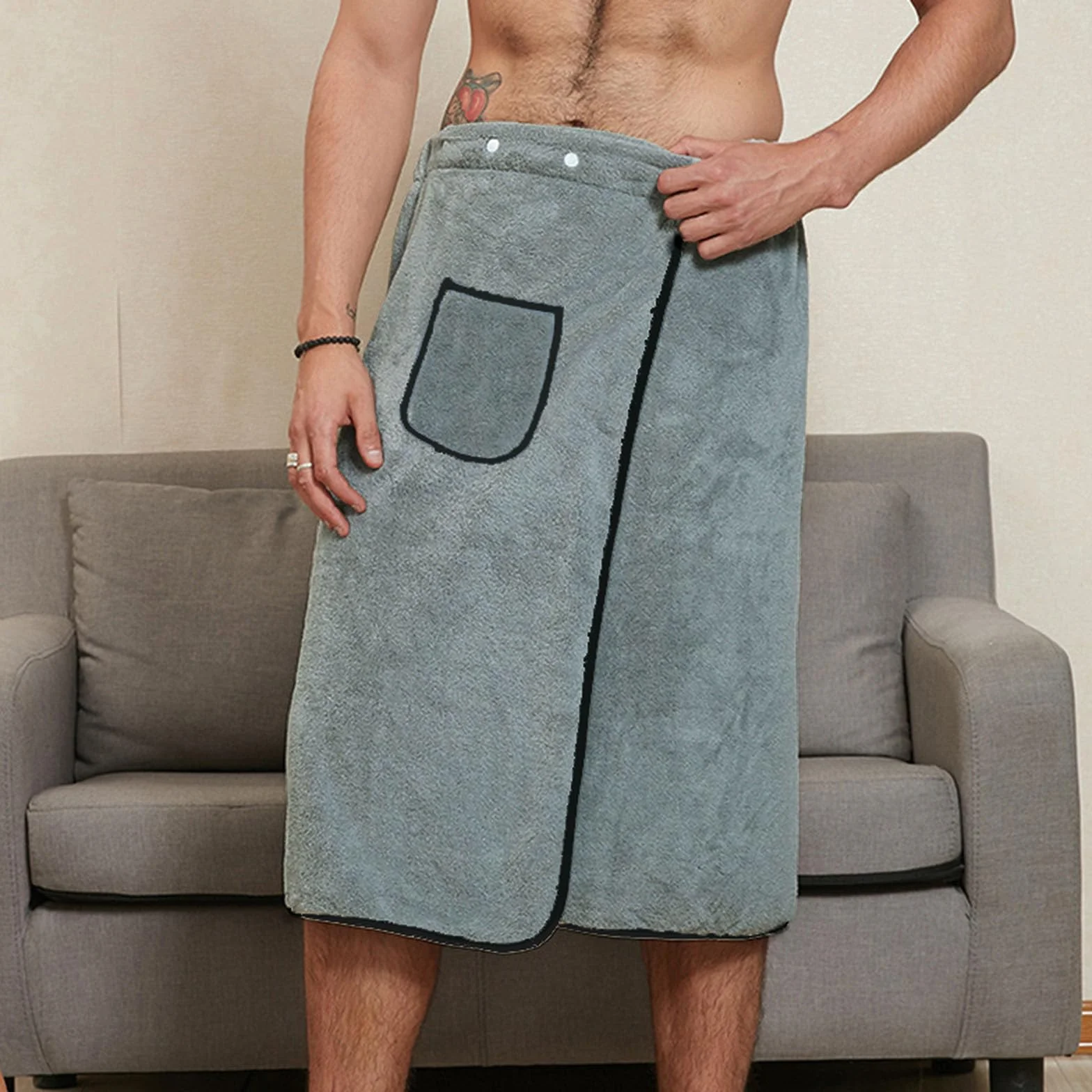 Męski kilt do sauny, ręcznik do sauny, ręcznik do sauny, męski ręcznik do sauny z elastycznym pasem, regulowany, wysokiej jakości polar koralowy, 78 x 155/135 cm, ciemnoszary