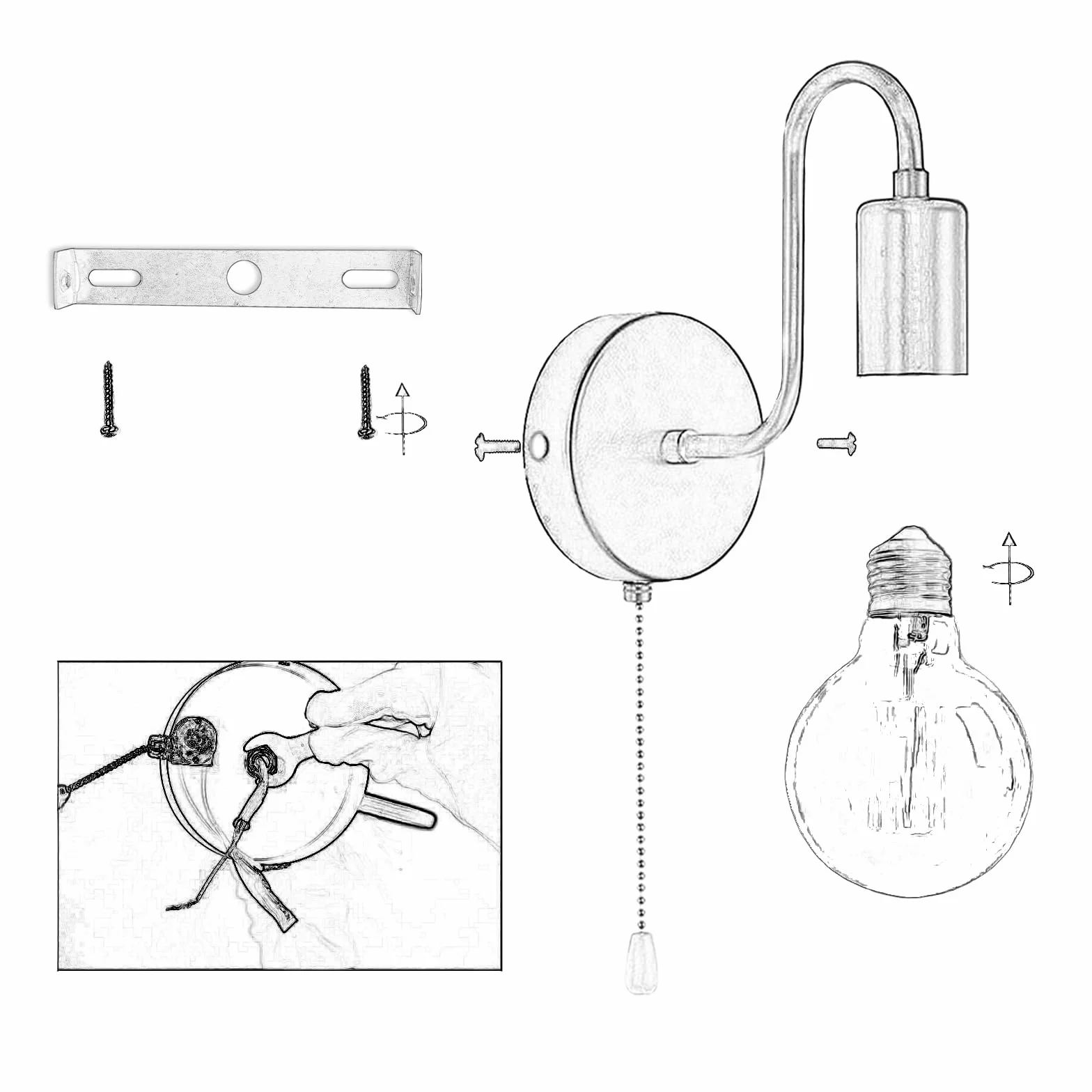 Lampa ścienna E27 metalowa vintage z przełącznikiem pociągowym złota