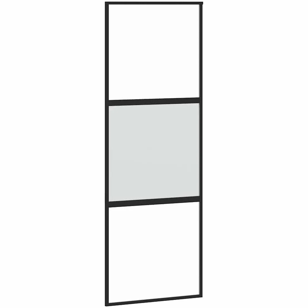 Aluminiowe drzwi przesuwne czarne 76 x 205 cm z matowym szkłem hartowanym, łącznie z zestawem okuć ze stali malowanej proszkowo dla cichego i bezpiecznego użytkowania