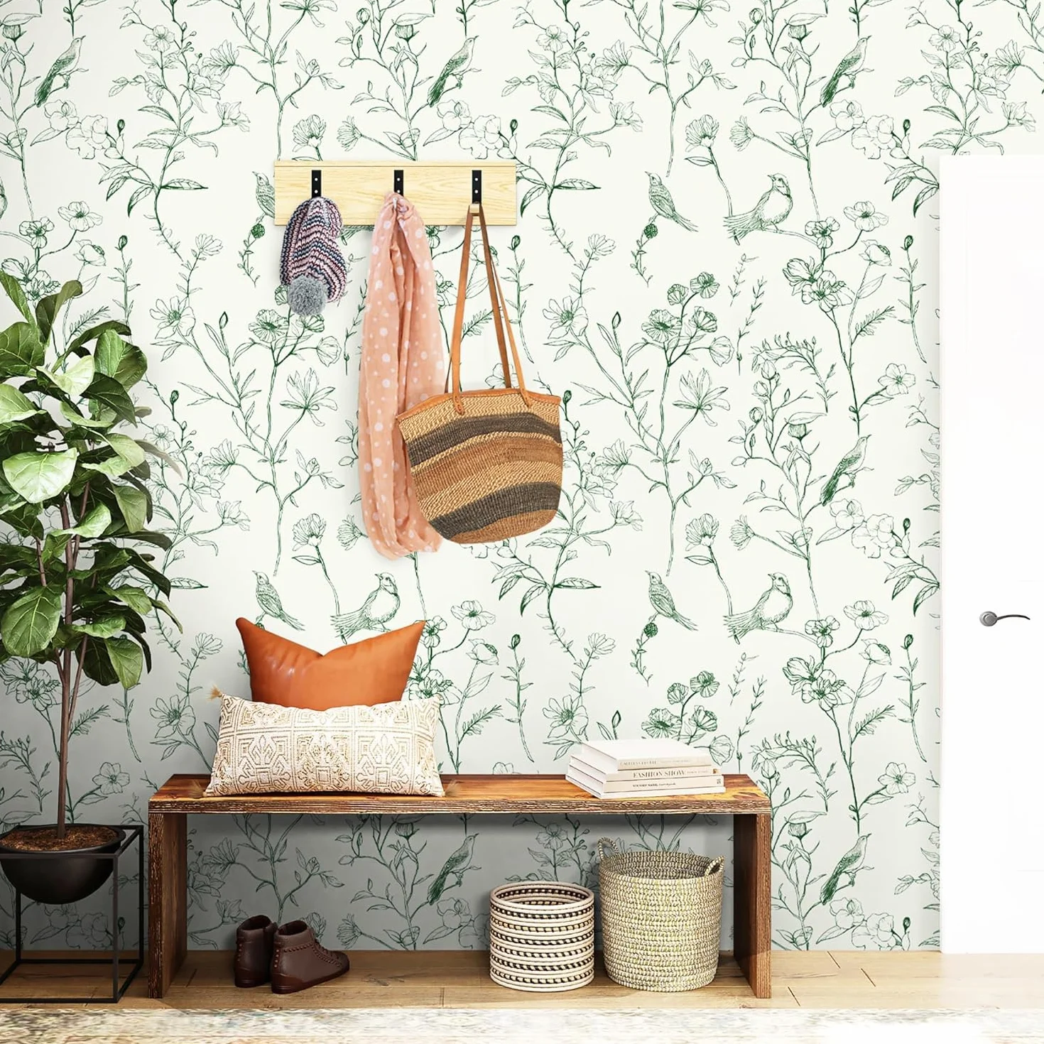 CiCiwind Samoprzylepna tapeta w kwiaty, 44 cm x 3 m, beżowa, zielona, tapeta samoprzylepna z motywem kwiatów i ptaków, wodoszczelna, winylowa, do mebli, okładziny ścienne, samoprzylepna, zdejmowana,