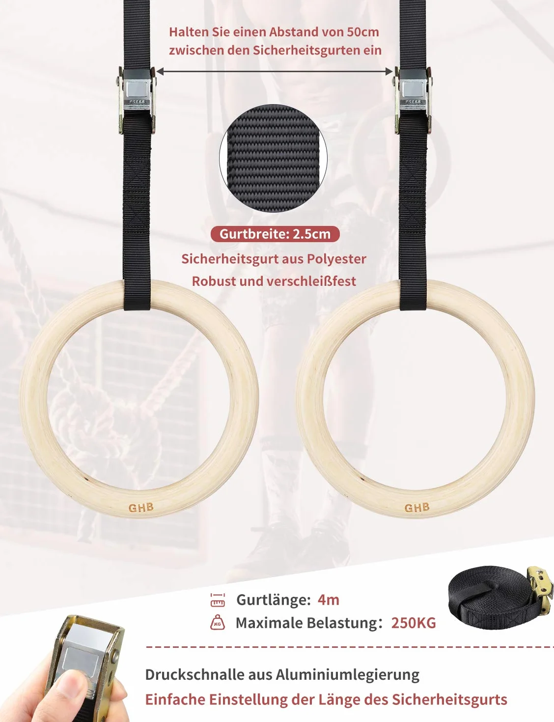 GHB Drewniane pierścienie gimnastyczne z regulowanymi klamrami, do treningu fitness, 28 mm/32 mm