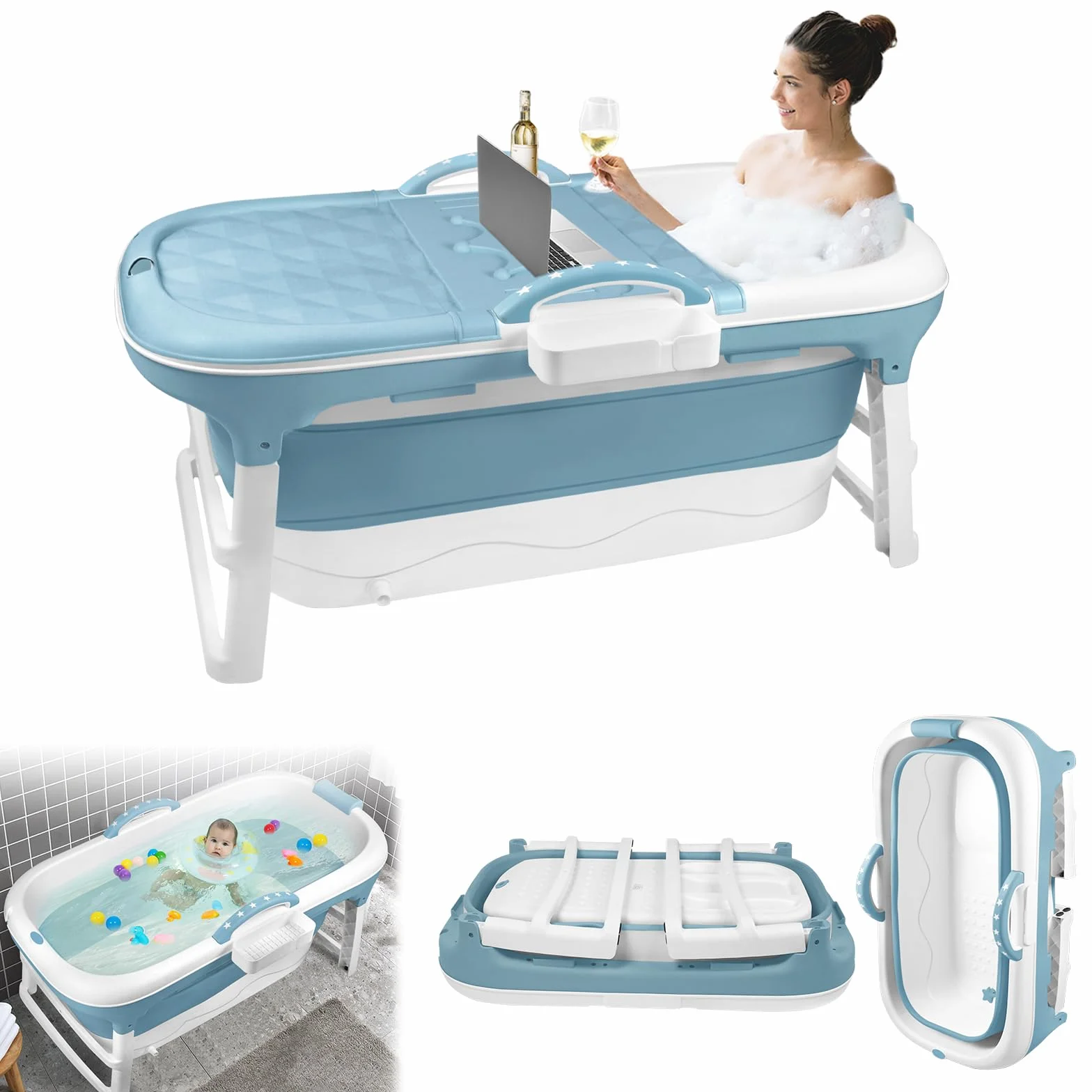 Składana wanna dla dorosłych, 118 x 62 x 52 cm, składana, z pokrywą, rolkami do masażu i koszem na mydło – mobilna do małych łazienek i SPA