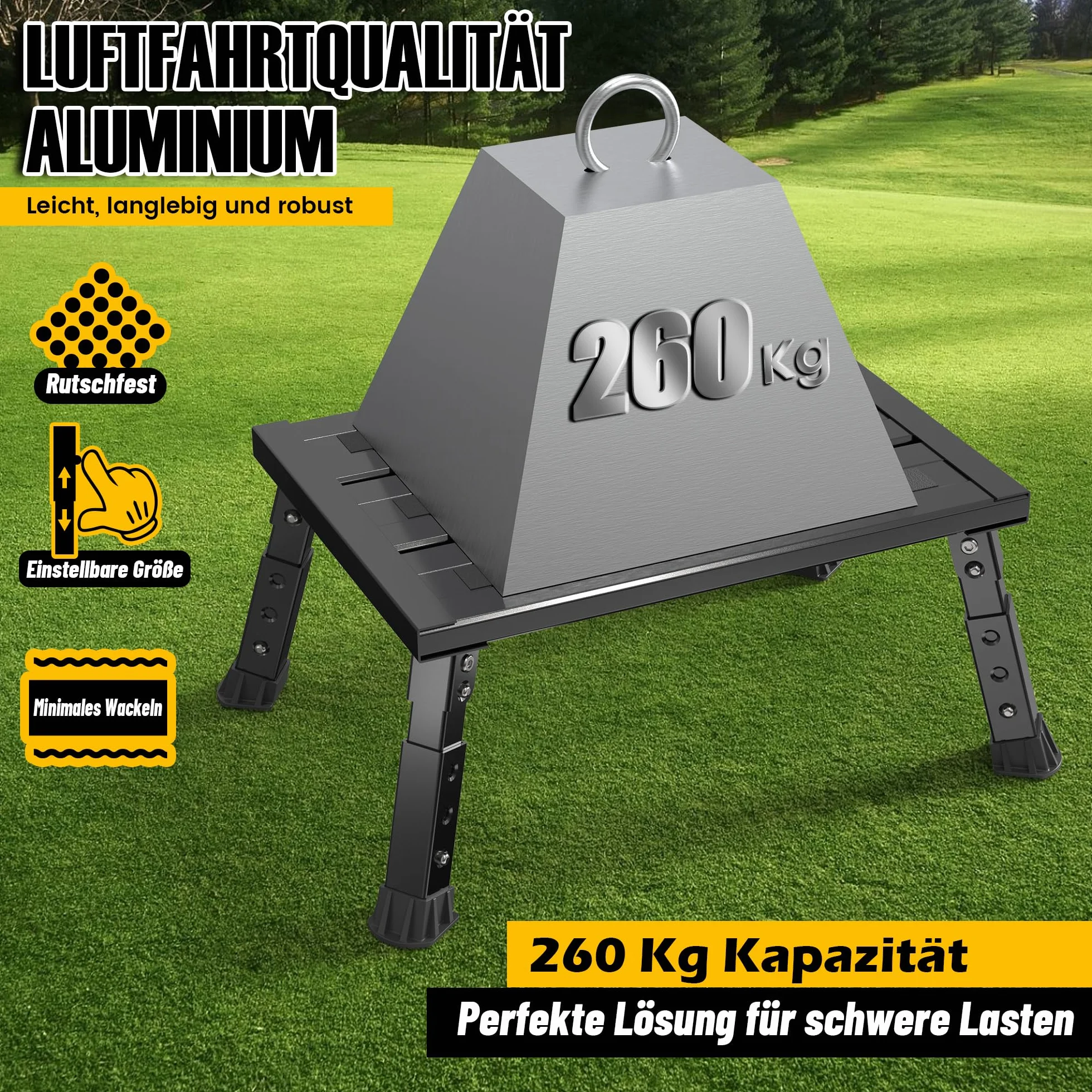 Aluminiowa drabina składana, 1 stopień, 3-stopniowa regulacja wysokości, szeroka powierzchnia antypoślizgowa, obciążenie do 1000 kg, wysokiej jakości konstrukcja aluminiowa (czarna)