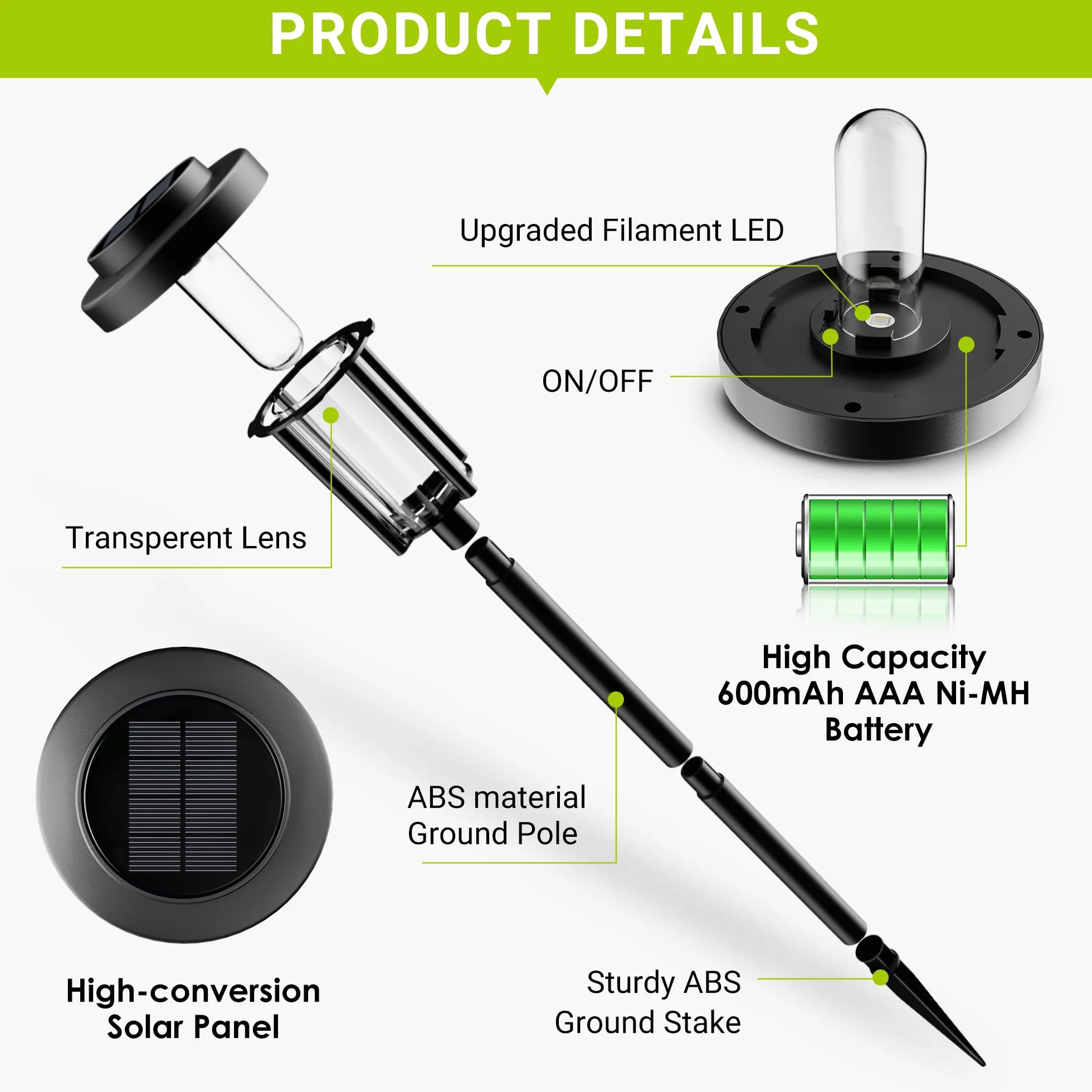Solpex Lampy solarne do użytku na zewnątrz, 6 sztuk lamp solarnych LED, dekoracja ogrodowa, wodoodporne, zasilane energią słoneczną, oświetlenie drogi do ogrodu, na taras, krajobraz, chodnik, białe
